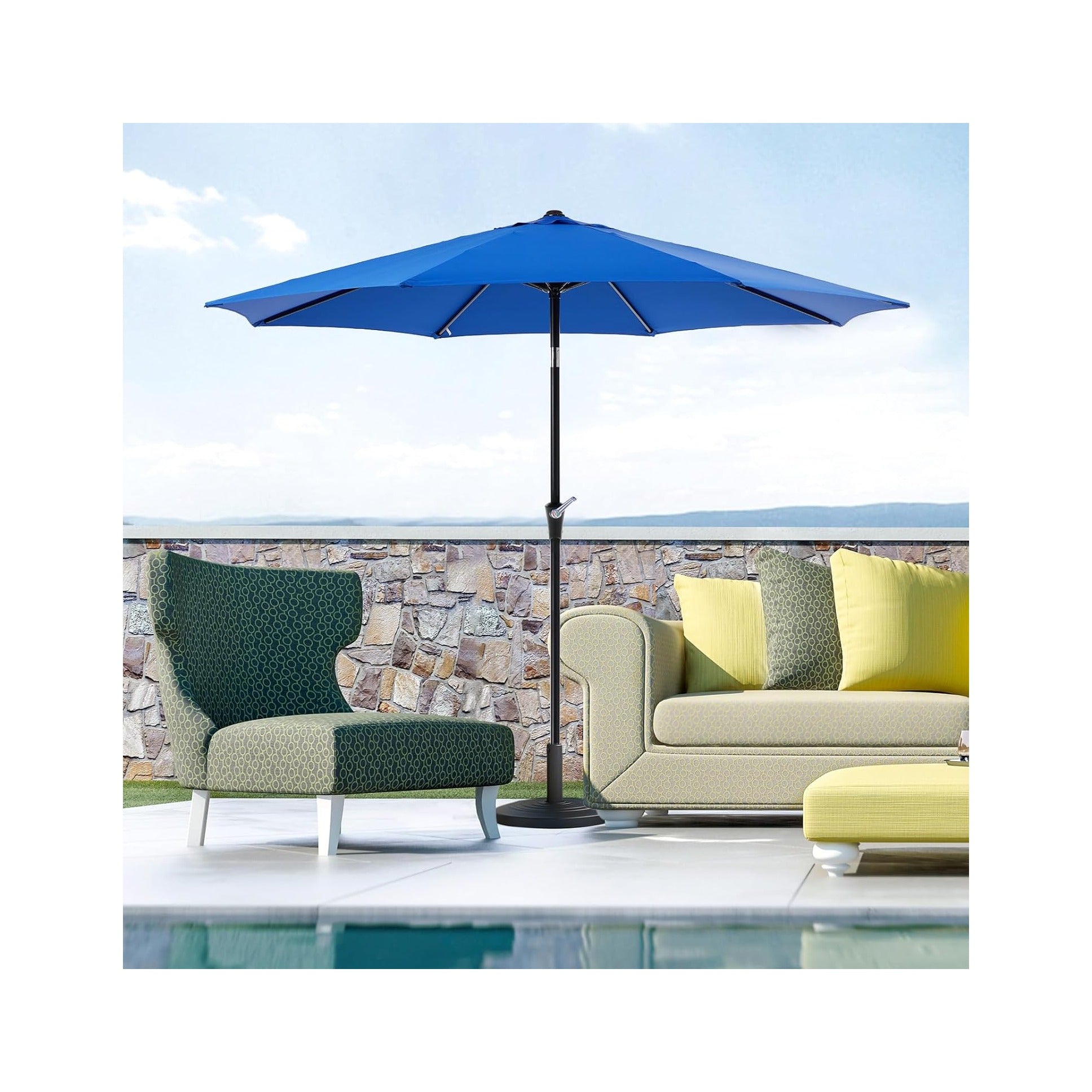 atio Umbrella with Tilt and Crank Button & 8 Sturdy Ribs Waterproof, Patio Table Umbrella Perfect for Poolside, Terrace, Beach and Outdoor Restaurant, Blue