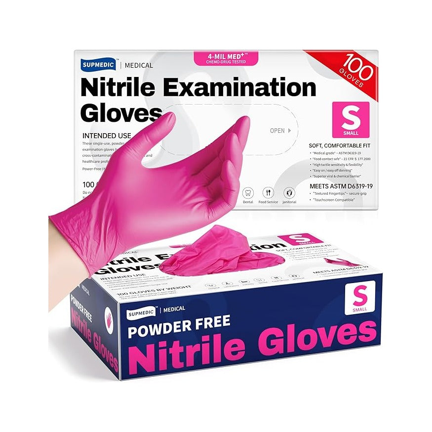 Nitrile Exam Gloves, 4 Mil 100 Pcs Powder-Free Latex-Free Cooking Food-Safe Disposable Medical Gloves, Rose Orchid