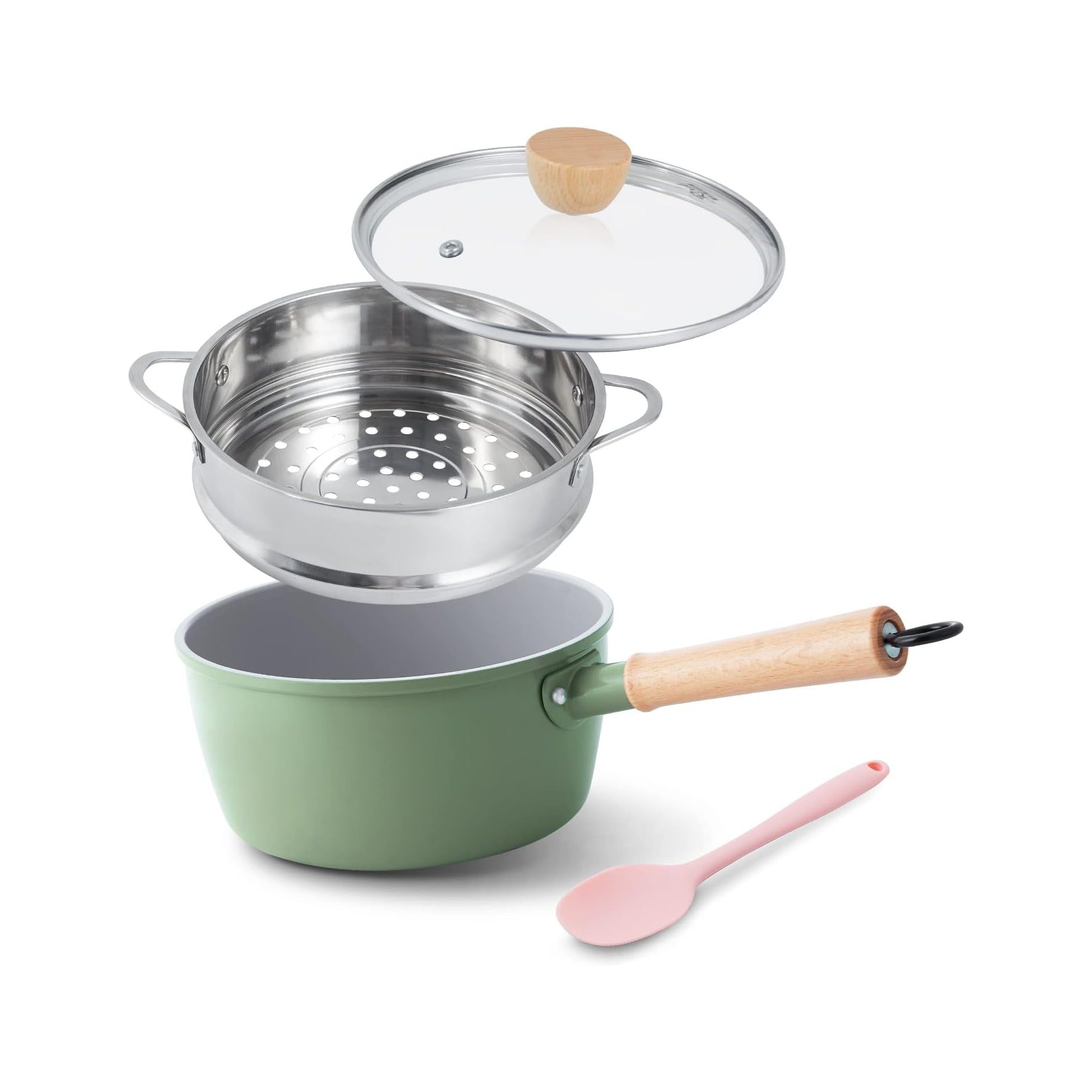 Ceramic Nonstick Sauce Pan with Lid, 2 Quart Cooking Pot, Small Saucepan with Steamer, PTFE& PFAS-Free, Wooden Handle for Cool Touch, Universal Base(Gas, Electric & Induction)