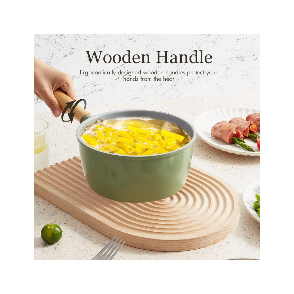 Ceramic Nonstick Sauce Pan with Lid, 2 Quart Cooking Pot, Small Saucepan with Steamer, PTFE& PFAS-Free, Wooden Handle for Cool Touch, Universal Base(Gas, Electric & Induction)