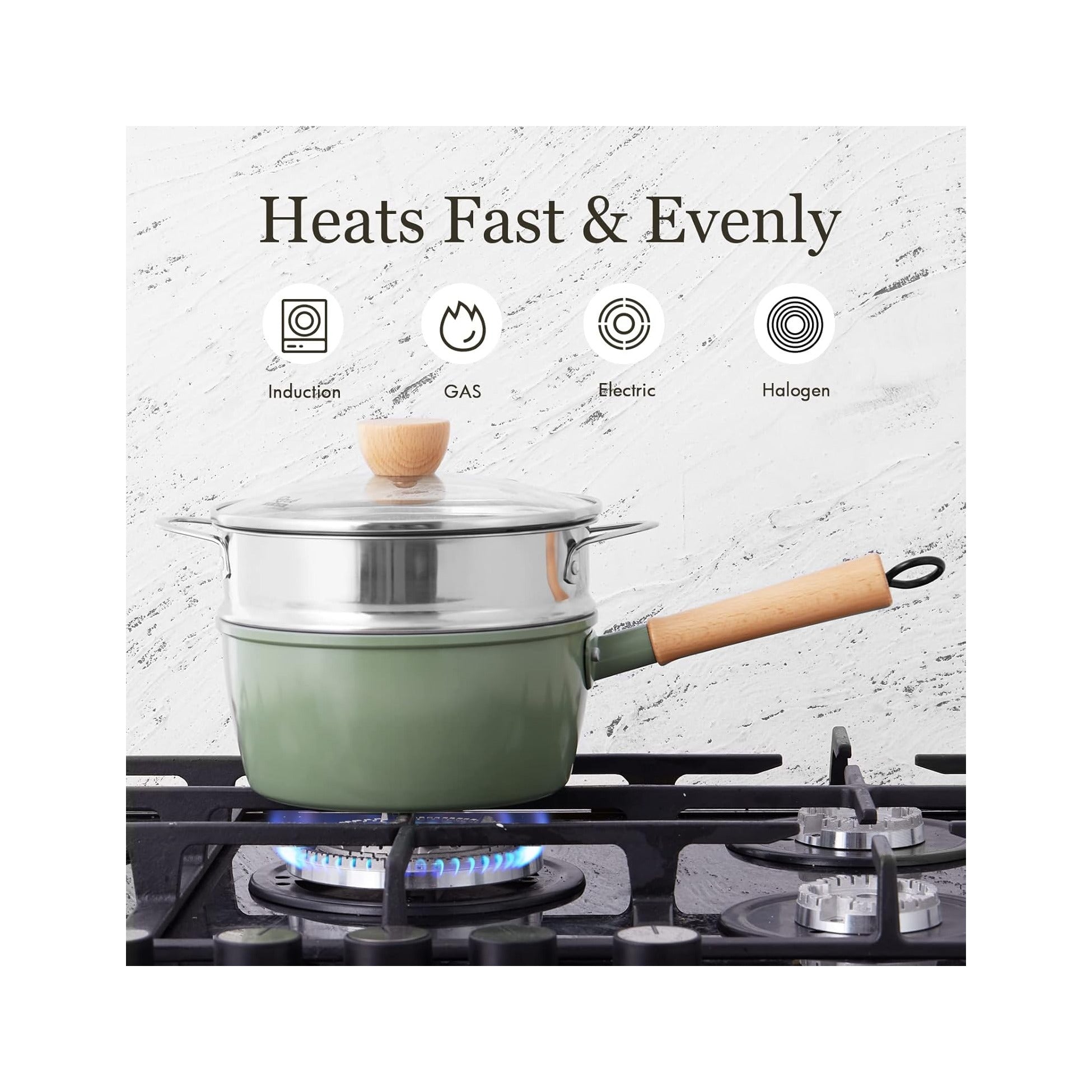 Ceramic Nonstick Sauce Pan with Lid, 2 Quart Cooking Pot, Small Saucepan with Steamer, PTFE& PFAS-Free, Wooden Handle for Cool Touch, Universal Base(Gas, Electric & Induction)