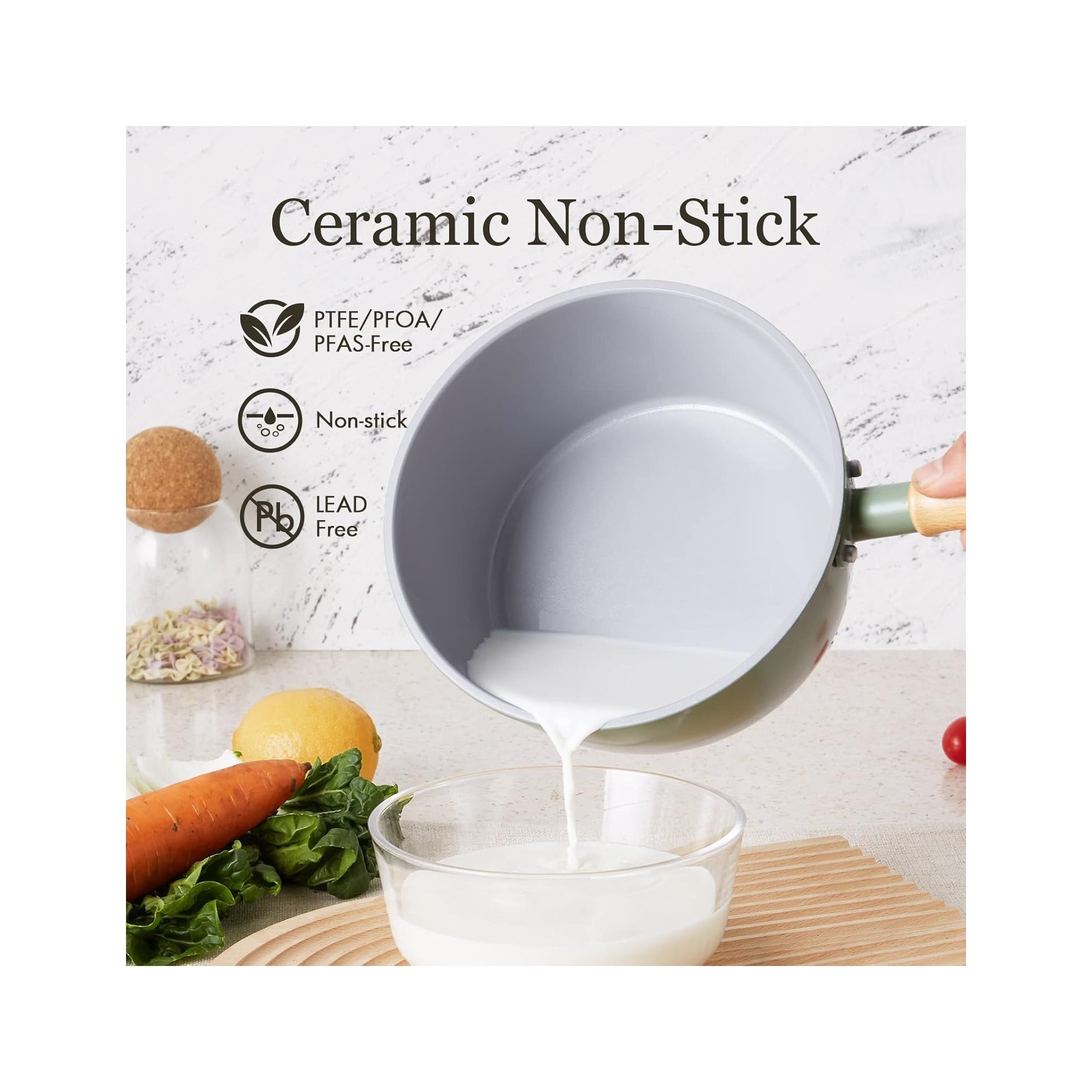 Ceramic Nonstick Sauce Pan with Lid, 2 Quart Cooking Pot, Small Saucepan with Steamer, PTFE& PFAS-Free, Wooden Handle for Cool Touch, Universal Base(Gas, Electric & Induction)