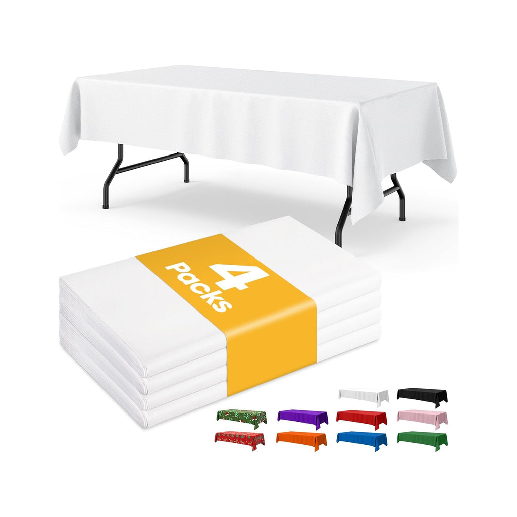 White Plastic Table Cloth - 4 Pack 54" × 108" Rectangle Disposable Tablecloths for 6FT Tables, Table Cover for Party, Holiday & Gathering Use