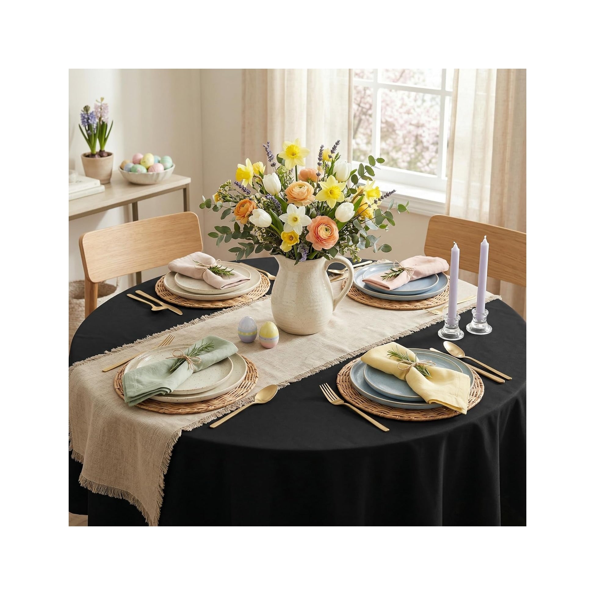 Round Tablecloth - 60 Inch (Fits 20-48 Inch Tables), Water Resistant Spill Proof Washable Polyester Table Cloth Decorative Fabric Table Cover for Dining, Buffet Parties and Camping, Black