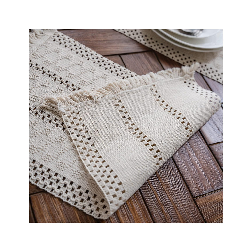 Macrame Table Runner Cream Beige Boho Table Runners with Tassels Hand Woven Cotton Table Runner Rustic Farmhouse Table Runners for Bohemian Kitchen Dining Table