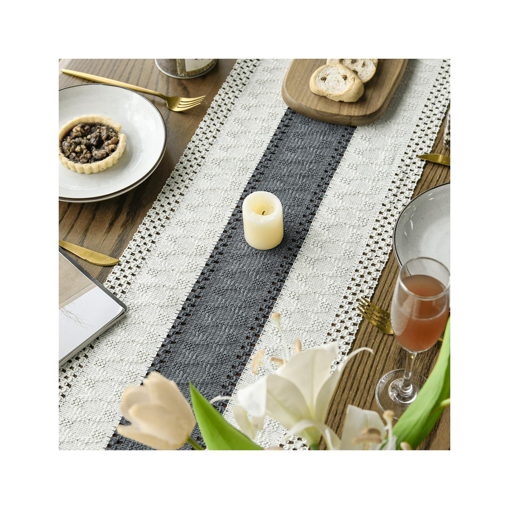 Mode Dark Grey Farmhouse Rustic Table Runner, Seasonal Holiday Hollow Kitchen Dining Table Decoration for Home Party Decor 12x72 Inch