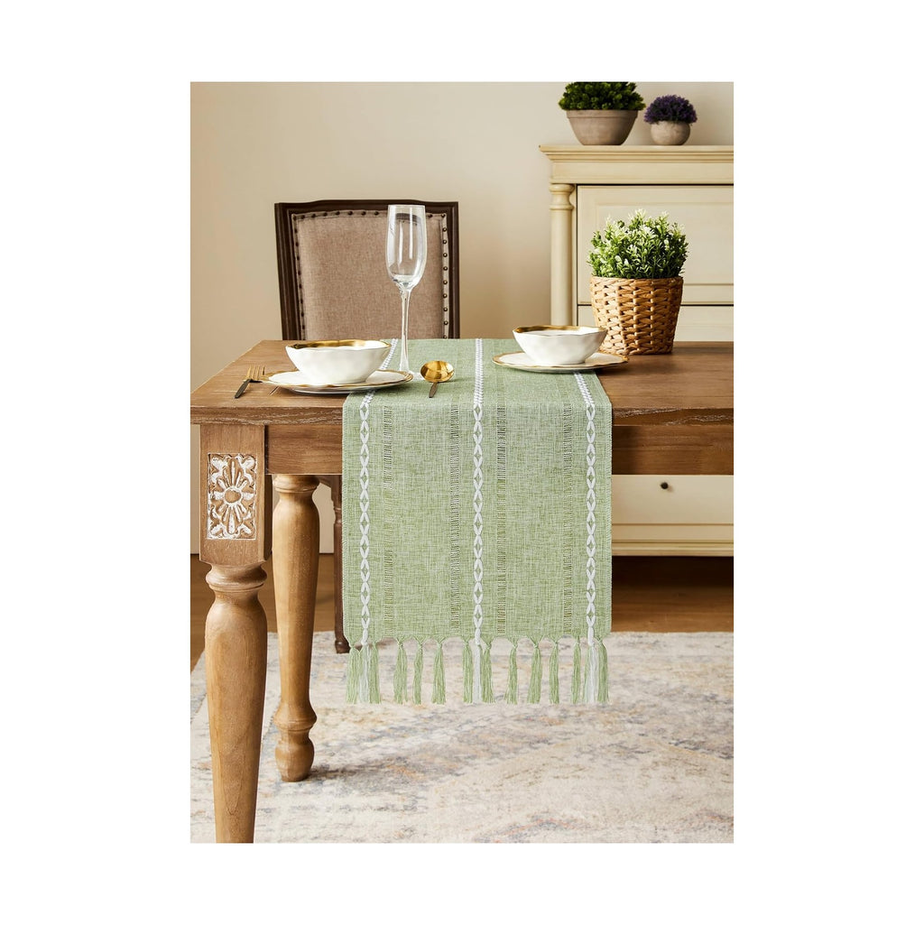 Hemstitched Farmhouse Table Runner, Sage Green 13x72 Inch, Cotton Linen Table Runners 72 Inches Long, Embroidered Striped Sage Green Boho Table Runner Rustic Home Decor