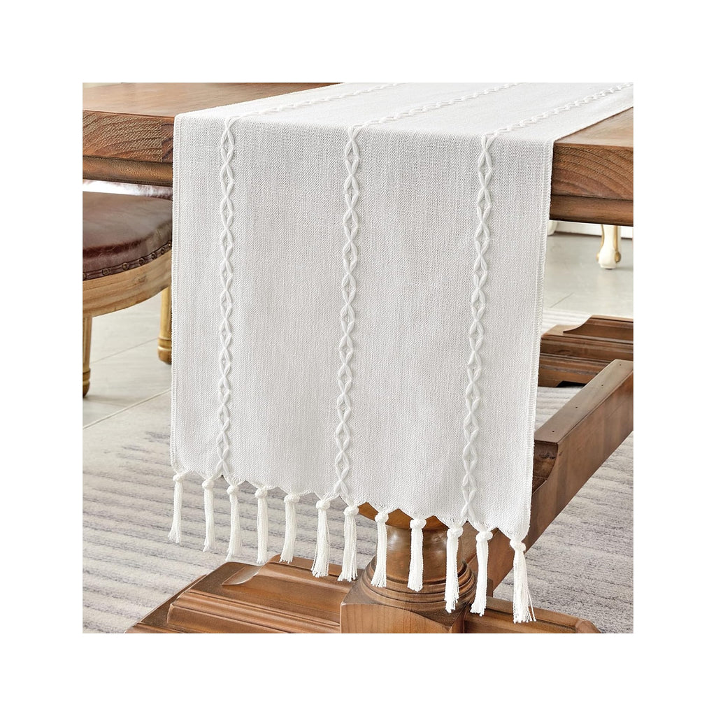 Rustic Linen Table Runner Farmhouse Style Table Runners 72 inches Long Embroidered Table Runner with Hand-Tassels for Party, Dresser Decor and Dining Room Decorations