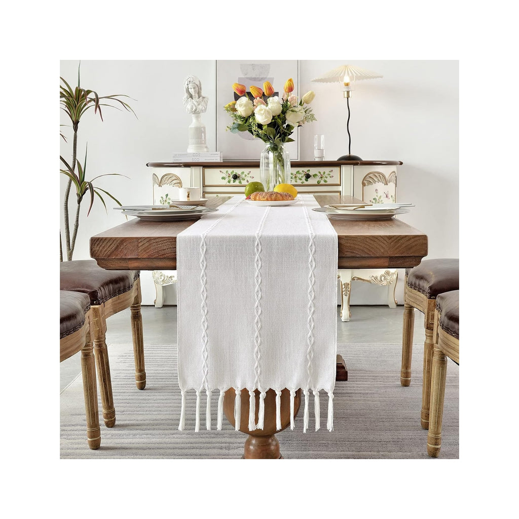 Rustic Linen Table Runner Farmhouse Style Table Runners 72 inches Long Embroidered Table Runner with Hand-Tassels for Party, Dresser Decor and Dining Room Decorations