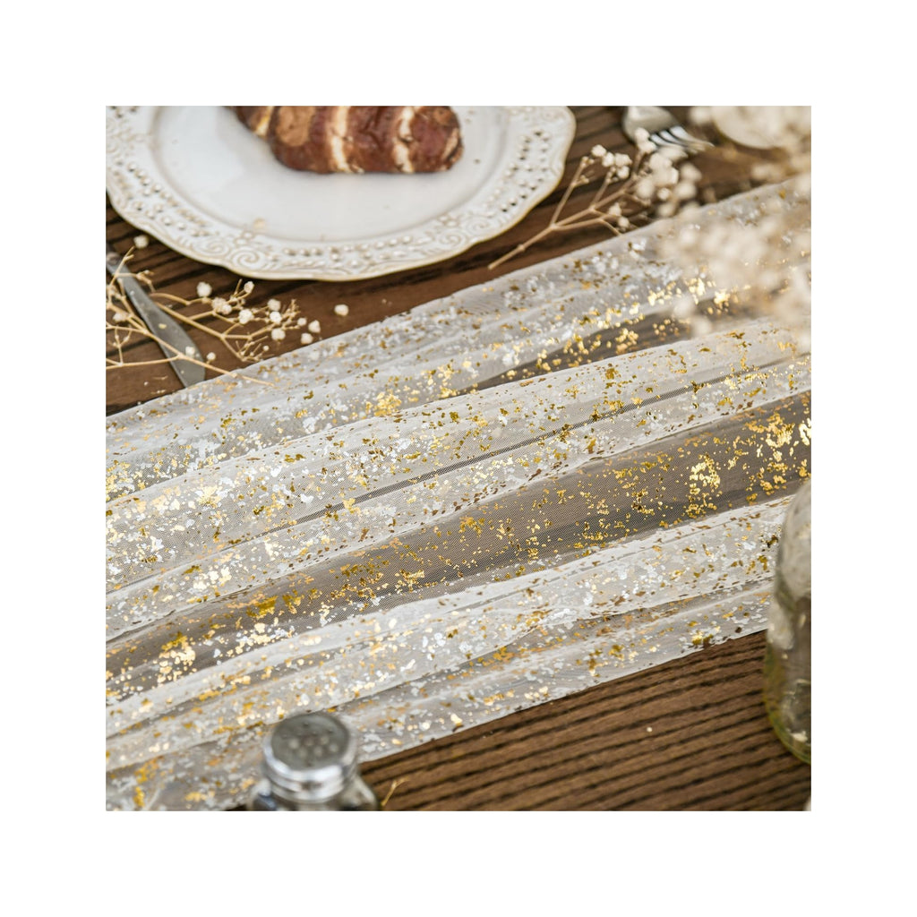 Beige Gold Gauze Table Runner 120 Inch 10FT, Glitter Metallic Foil Sheer Dining Wedding Anniversary Holiday Birthday Table Decor for Home Party