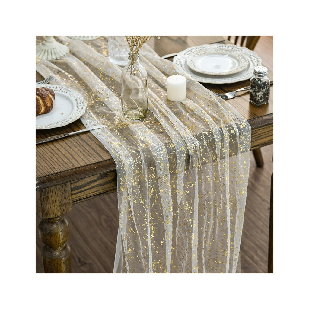 Beige Gold Gauze Table Runner 120 Inch 10FT, Glitter Metallic Foil Sheer Dining Wedding Anniversary Holiday Birthday Table Decor for Home Party