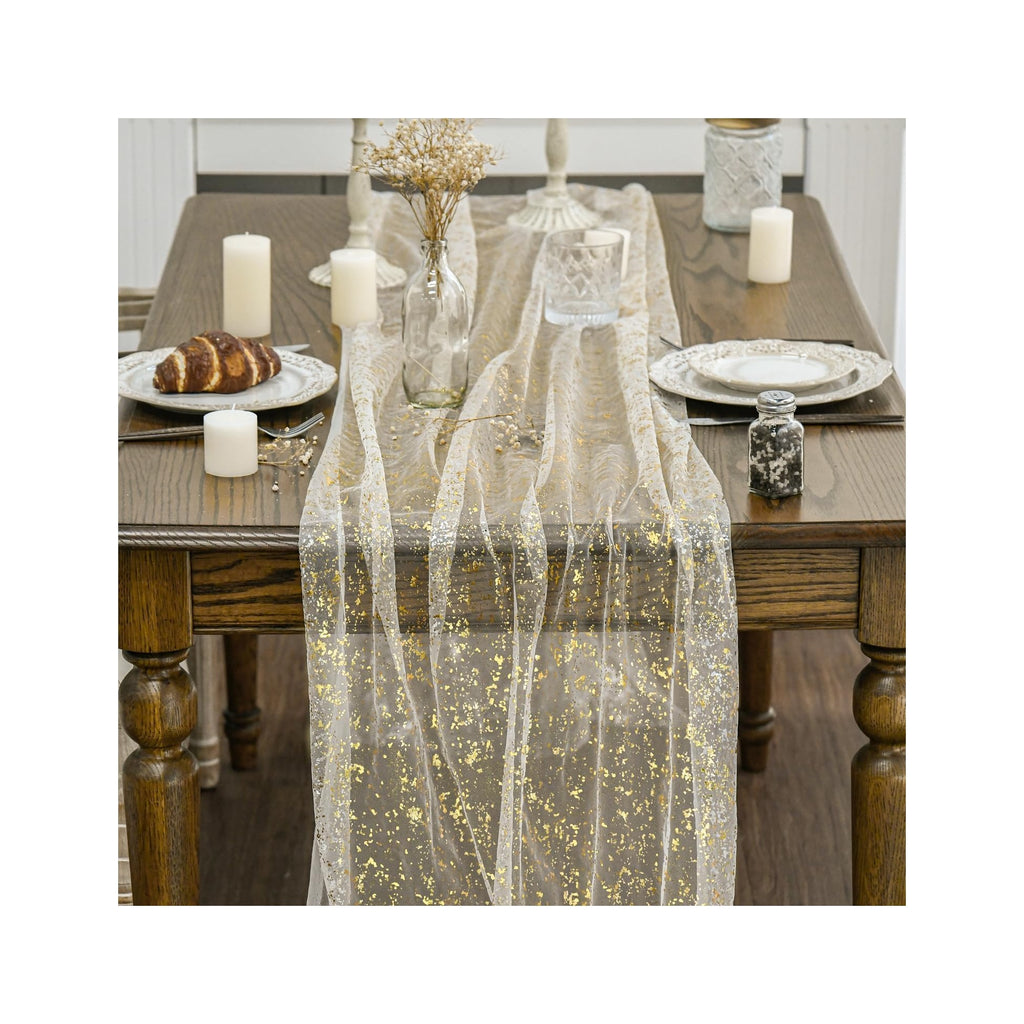 Beige Gold Gauze Table Runner 120 Inch 10FT, Glitter Metallic Foil Sheer Dining Wedding Anniversary Holiday Birthday Table Decor for Home Party