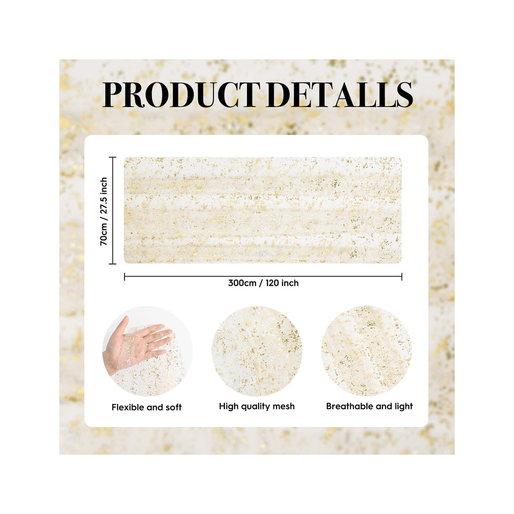 Beige Gold Gauze Table Runner 120 Inch 10FT, Glitter Metallic Foil Sheer Dining Wedding Anniversary Holiday Birthday Table Decor for Home Party