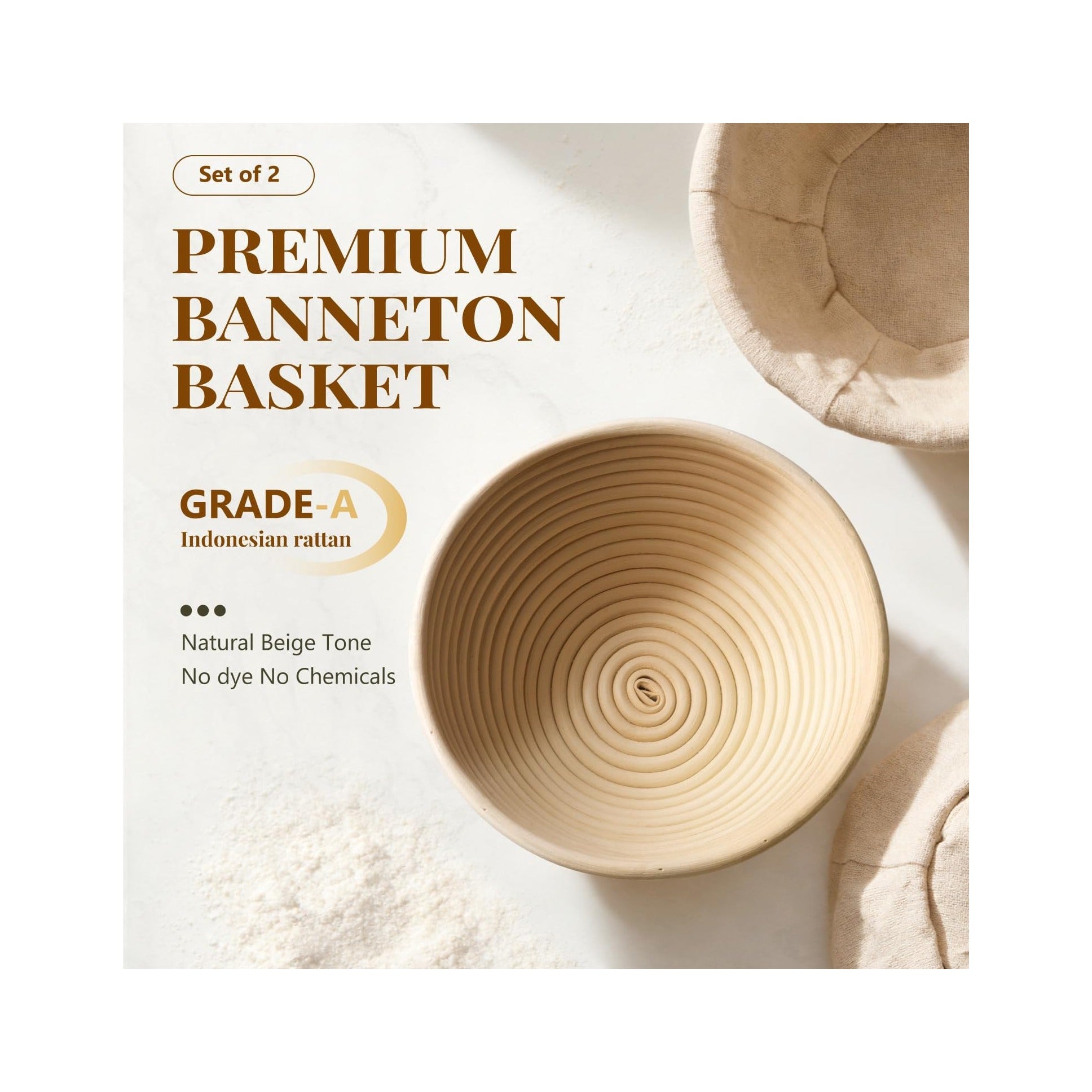 2 Pack Banneton Bread Proofing Baskets for Sourdough, 9 Inch Round Natural Rattan Proofing Basket for Dough Rising, Bread Proofing Bowl Sourdough Bread Baking Supplies for Home Bakers
