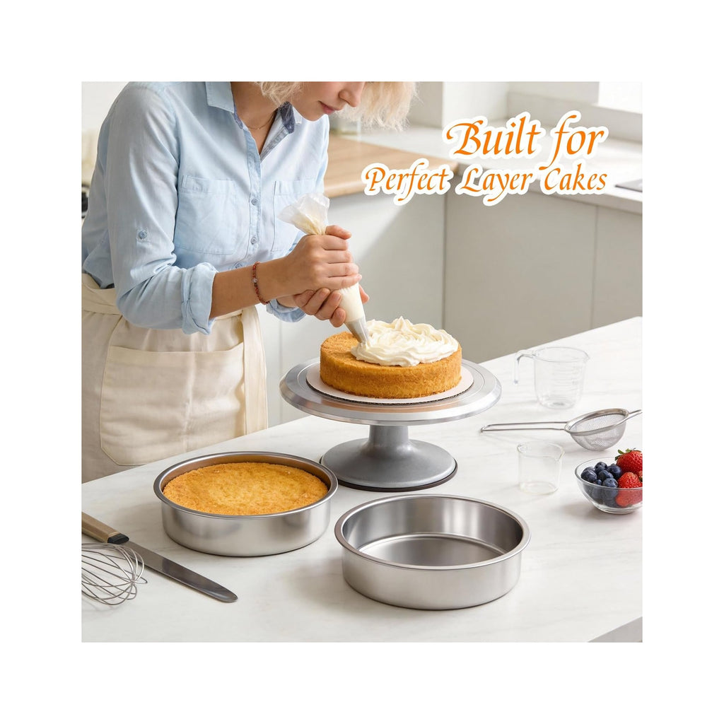 Set of 3 Stainless Steel Cake Pans - 8 Inch Round Layer Cake Baking Pan Molds, Stackable Even Heating Baking Set, Dishwasher Safe Bakeware Tins for Home Bakers, Birthday Party Wedding