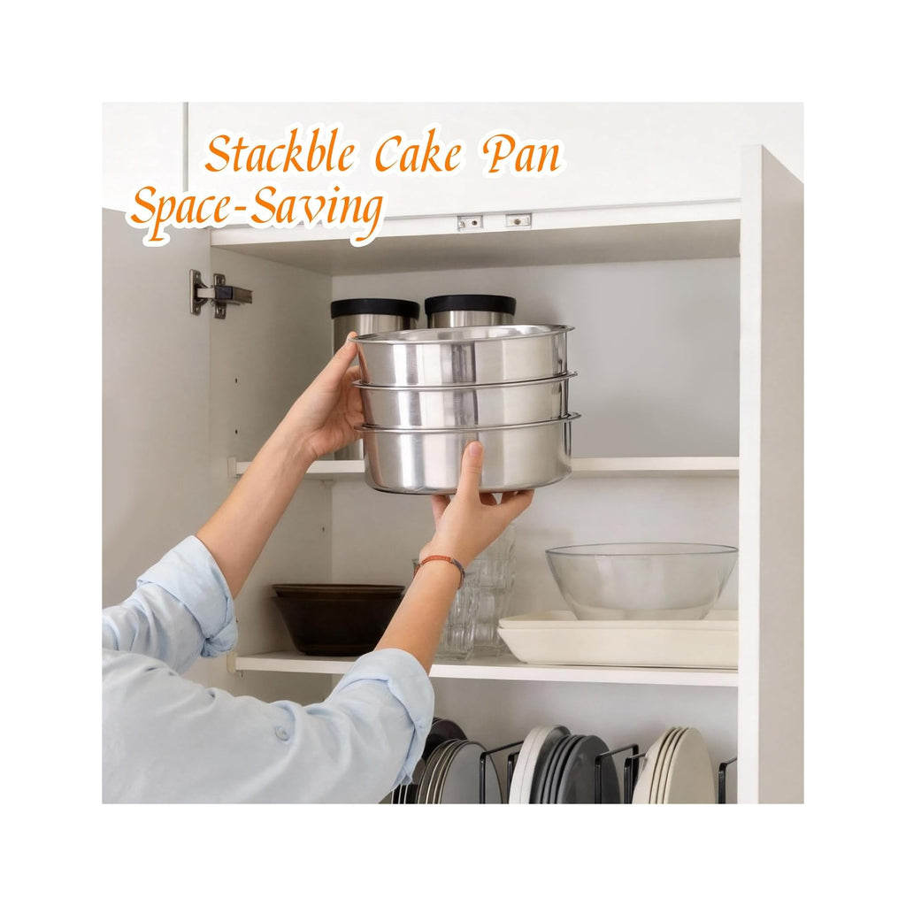 Set of 3 Stainless Steel Cake Pans - 8 Inch Round Layer Cake Baking Pan Molds, Stackable Even Heating Baking Set, Dishwasher Safe Bakeware Tins for Home Bakers, Birthday Party Wedding