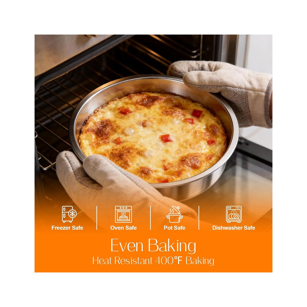 Set of 3 Stainless Steel Cake Pans - 8 Inch Round Layer Cake Baking Pan Molds, Stackable Even Heating Baking Set, Dishwasher Safe Bakeware Tins for Home Bakers, Birthday Party Wedding