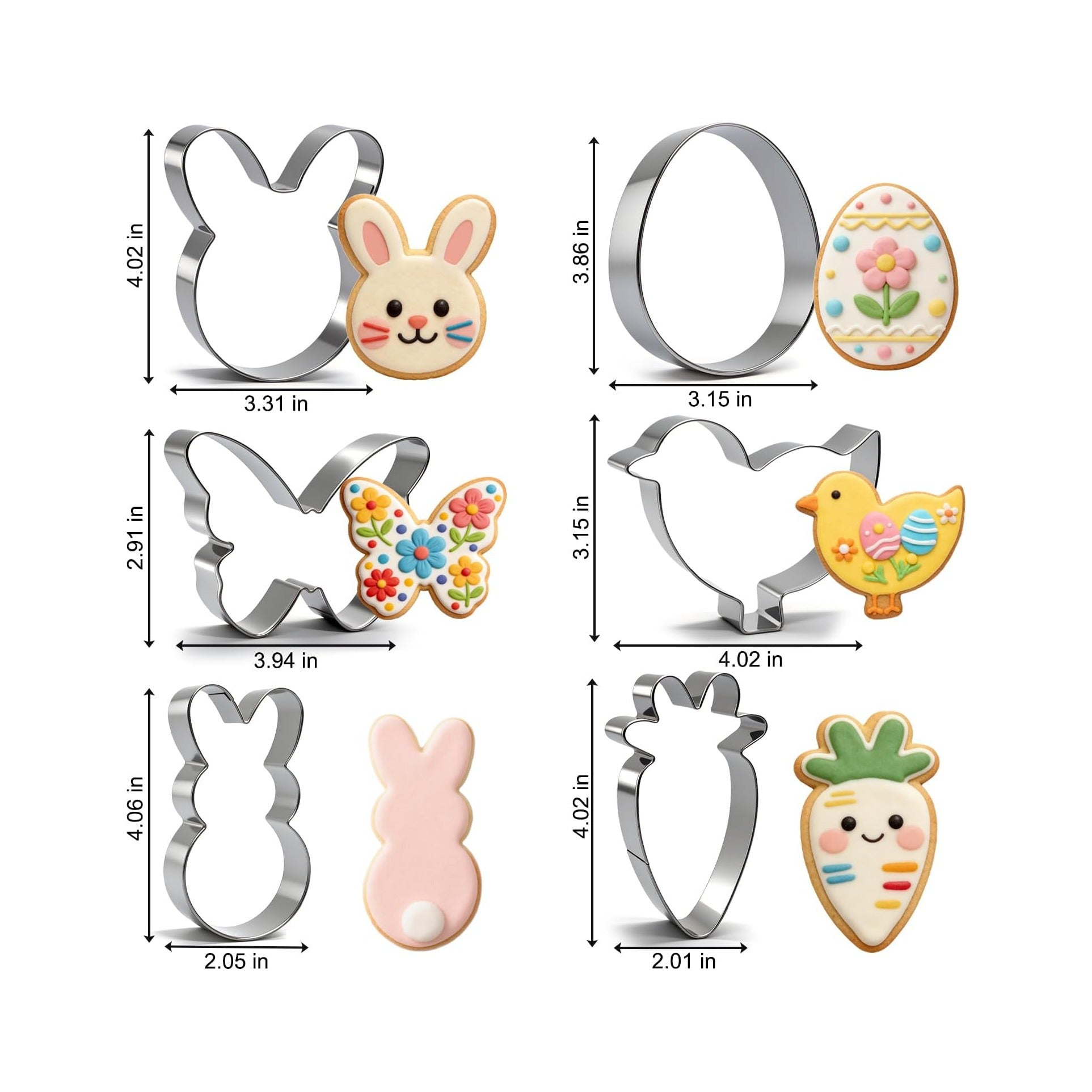 6Pcs Large Easter Cookie Cutters for Kids, 4'' Bunny Head, Egg, Chicken, Rabbit, Carrot, Butterfly Shapes, Metal Biscuit Molds for Easter Spring Holiday Themed Baking Supply