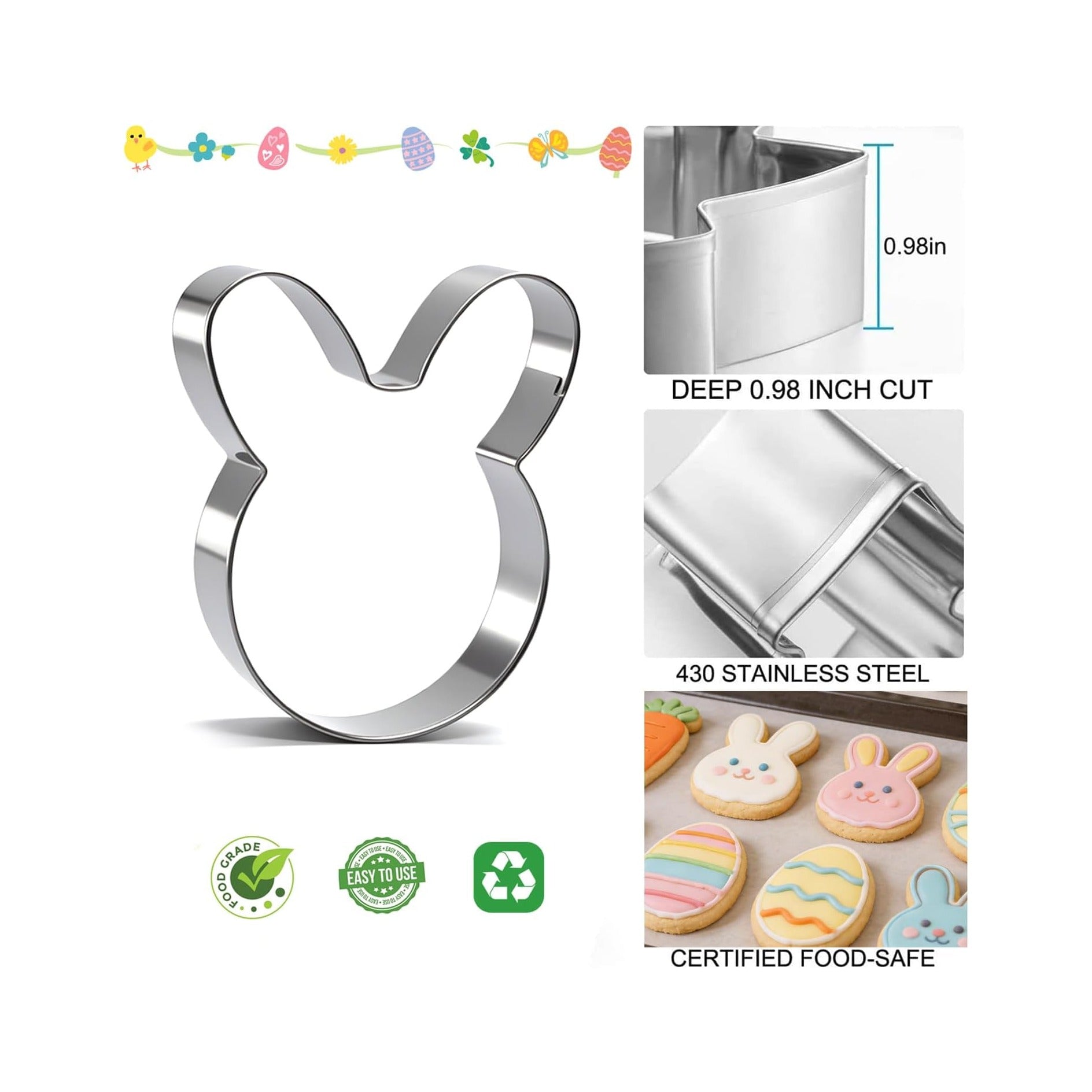 6Pcs Large Easter Cookie Cutters for Kids, 4'' Bunny Head, Egg, Chicken, Rabbit, Carrot, Butterfly Shapes, Metal Biscuit Molds for Easter Spring Holiday Themed Baking Supply