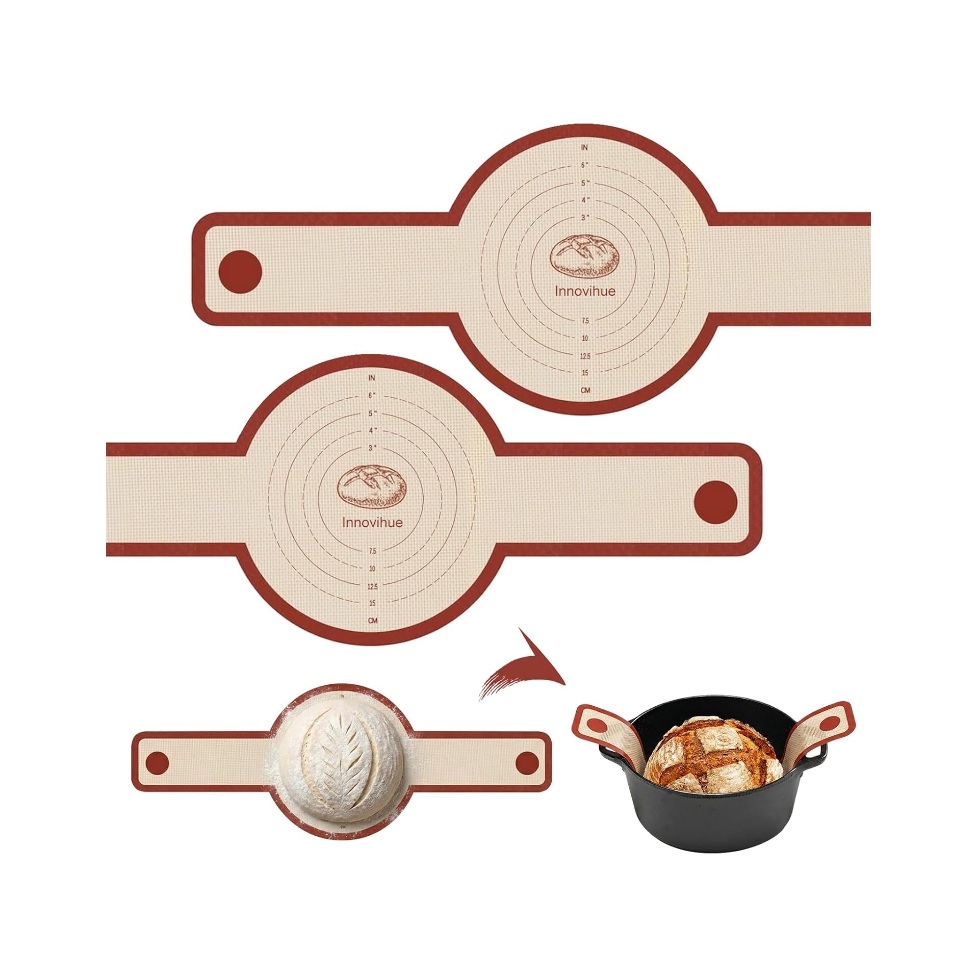 Silicone Bread Sling for Dutch Oven, 2-Pack Non-Stick Reusable Baking Mats with Long Handles, Easy to Clean, Ideal for Sourdough Bread Transfer & Baking