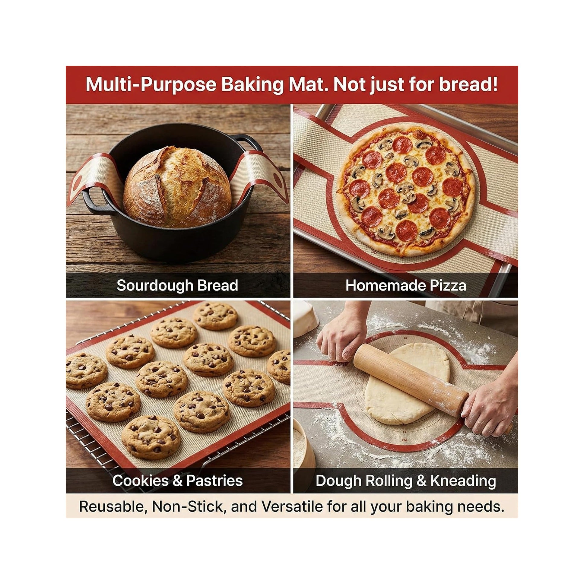 Silicone Bread Sling for Dutch Oven, 2-Pack Non-Stick Reusable Baking Mats with Long Handles, Easy to Clean, Ideal for Sourdough Bread Transfer & Baking