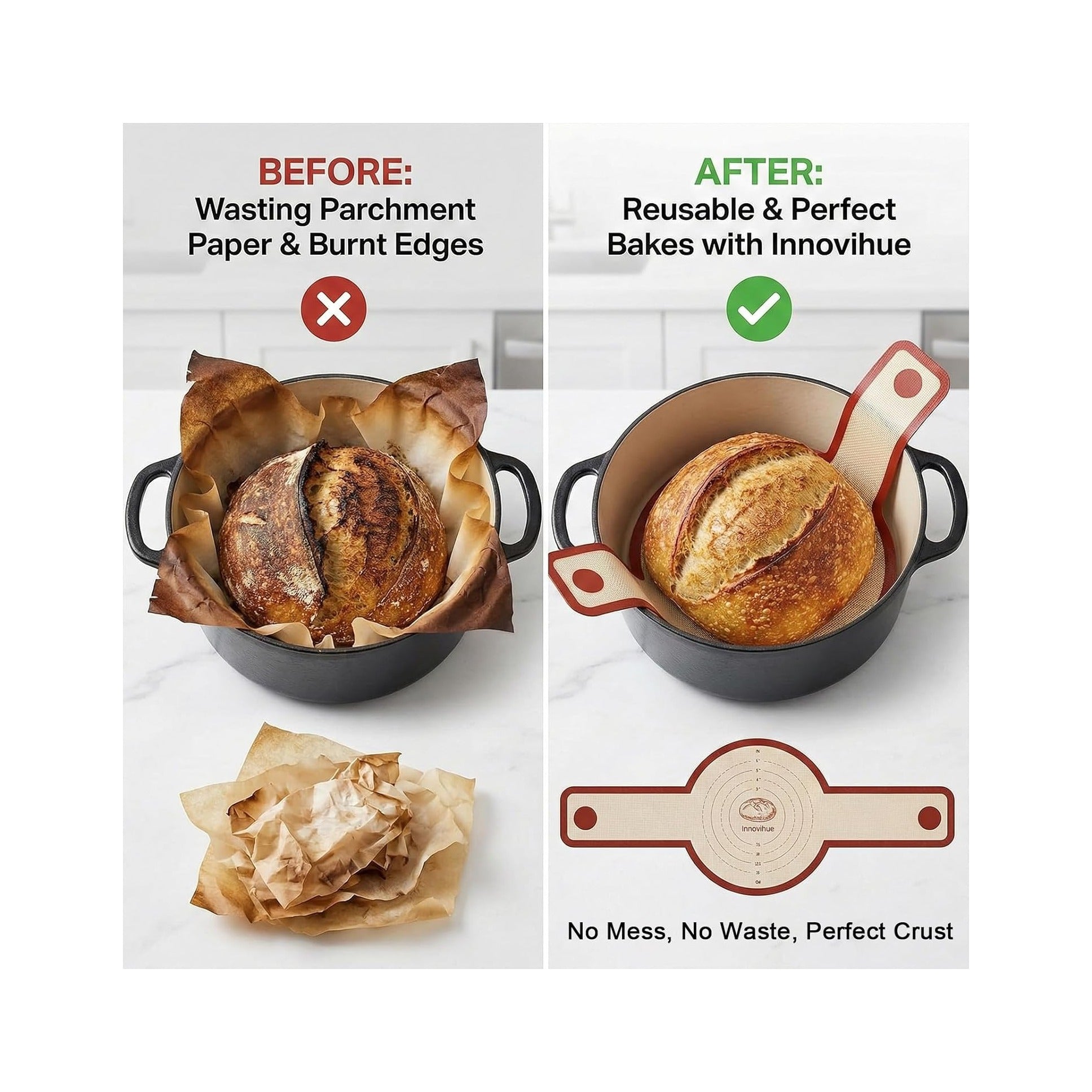 Silicone Bread Sling for Dutch Oven, 2-Pack Non-Stick Reusable Baking Mats with Long Handles, Easy to Clean, Ideal for Sourdough Bread Transfer & Baking