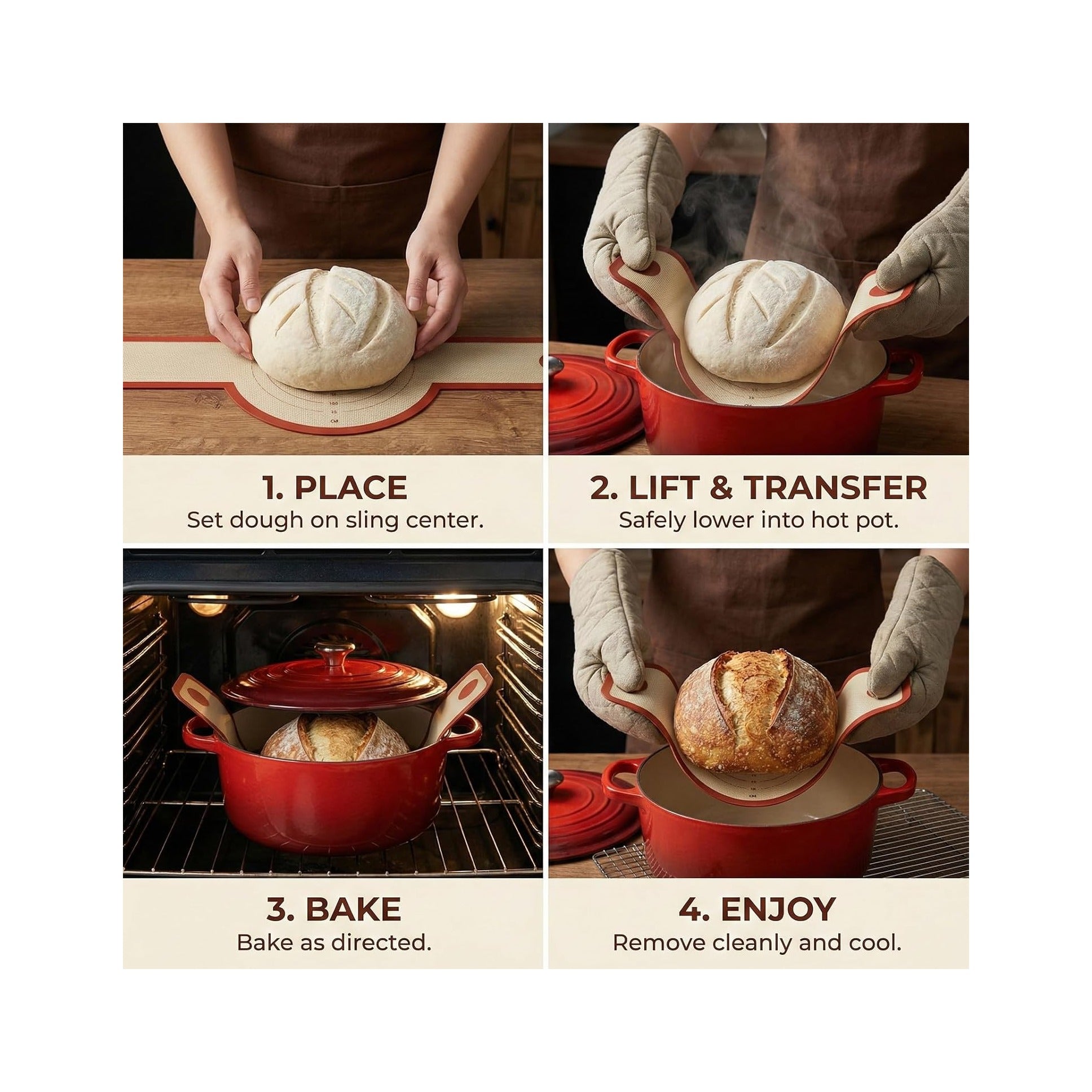 Silicone Bread Sling for Dutch Oven, 2-Pack Non-Stick Reusable Baking Mats with Long Handles, Easy to Clean, Ideal for Sourdough Bread Transfer & Baking
