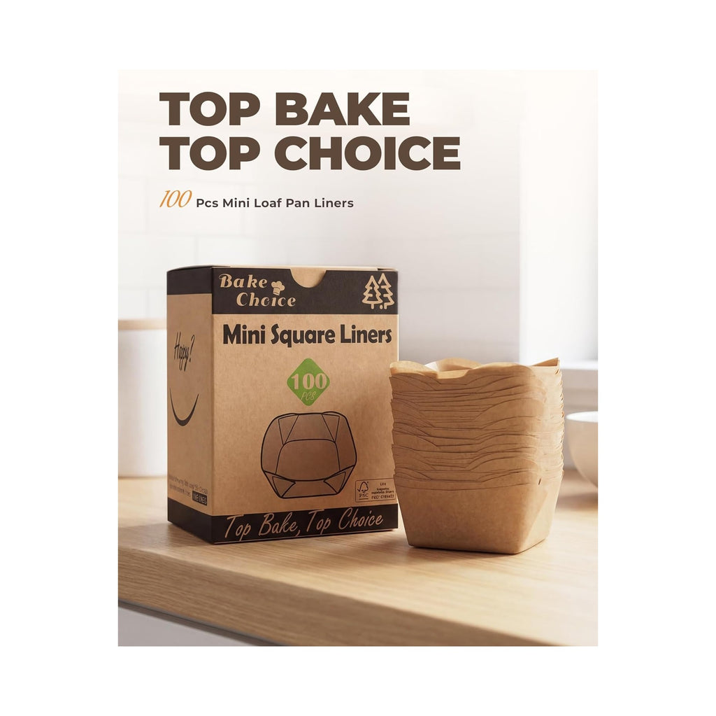 Bake Choice 100Pcs Square Mini Cupcake Liners, Fit for 12 Mini Brownie Pan, Natural Parchment Paper Baking Cups Muffin Liners, Non-Stick Wrappers for Brownies Wedding Parties