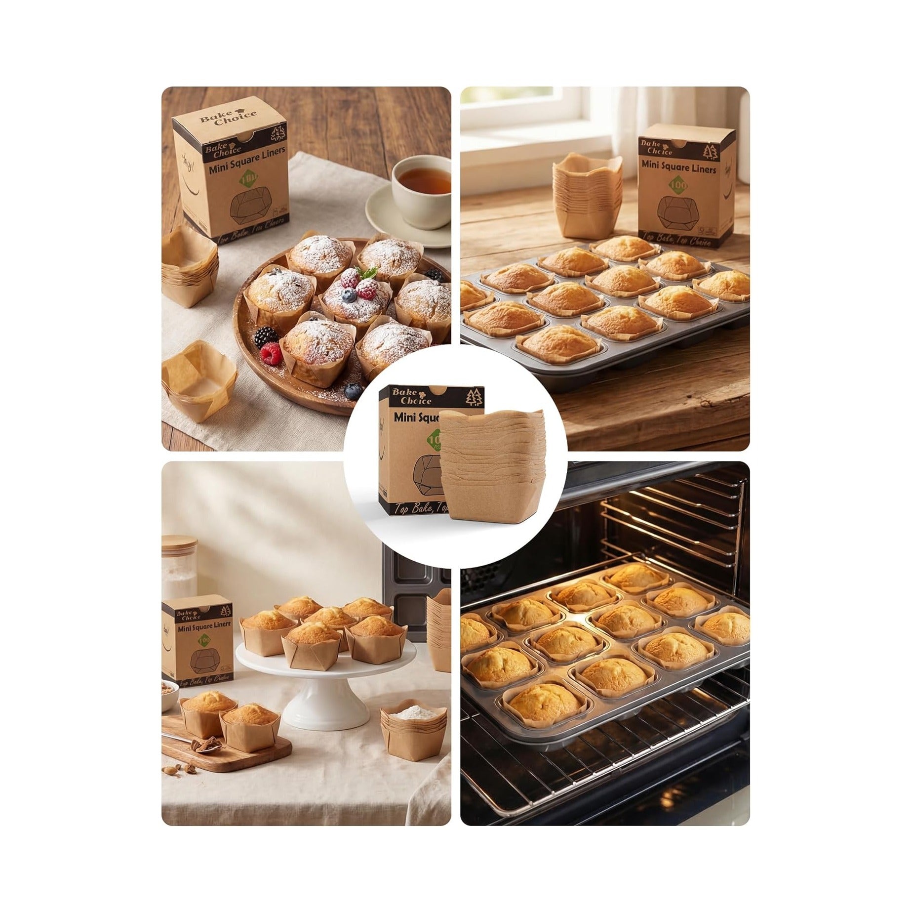 Bake Choice 100Pcs Square Mini Cupcake Liners, Fit for 12 Mini Brownie Pan, Natural Parchment Paper Baking Cups Muffin Liners, Non-Stick Wrappers for Brownies Wedding Parties