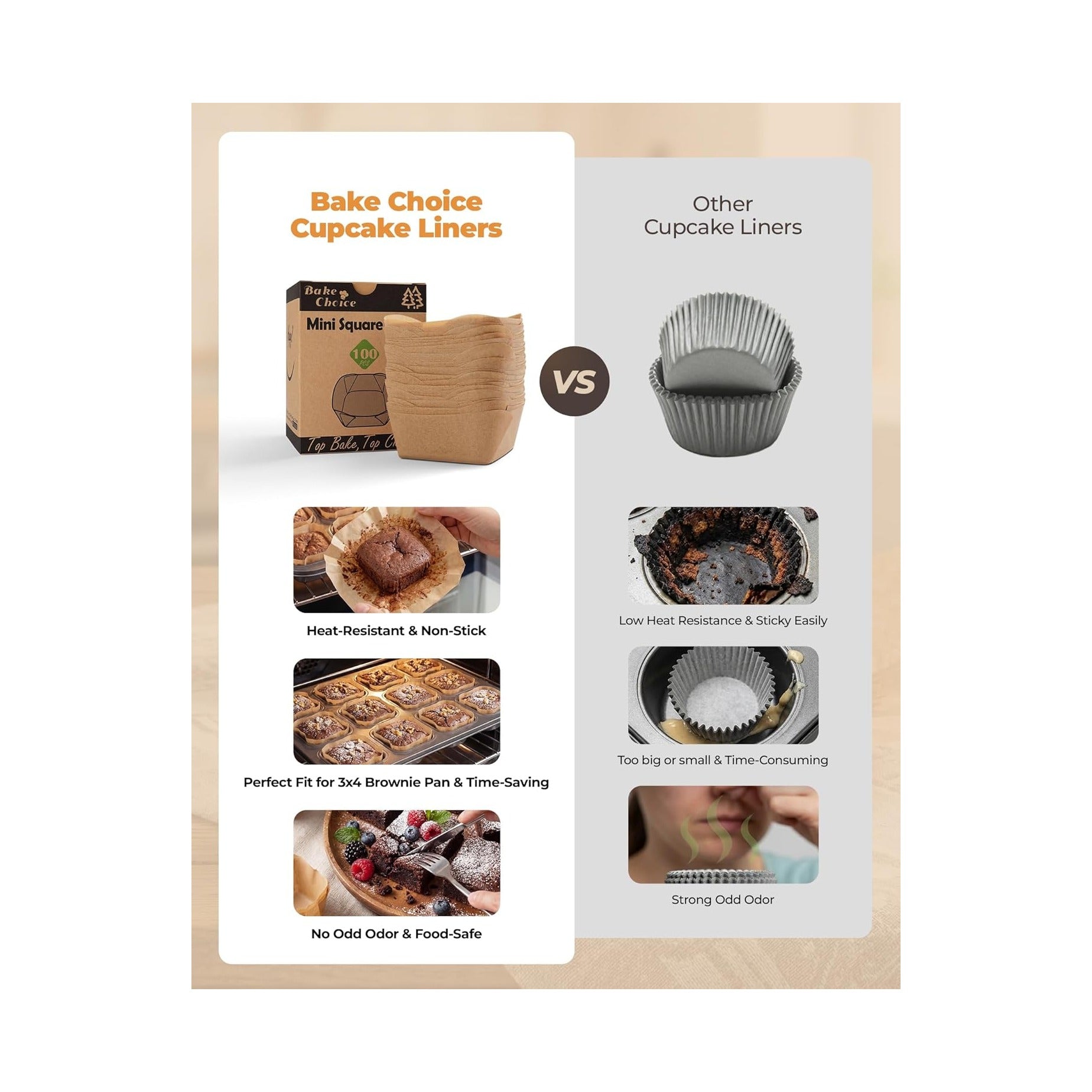 Bake Choice 100Pcs Square Mini Cupcake Liners, Fit for 12 Mini Brownie Pan, Natural Parchment Paper Baking Cups Muffin Liners, Non-Stick Wrappers for Brownies Wedding Parties