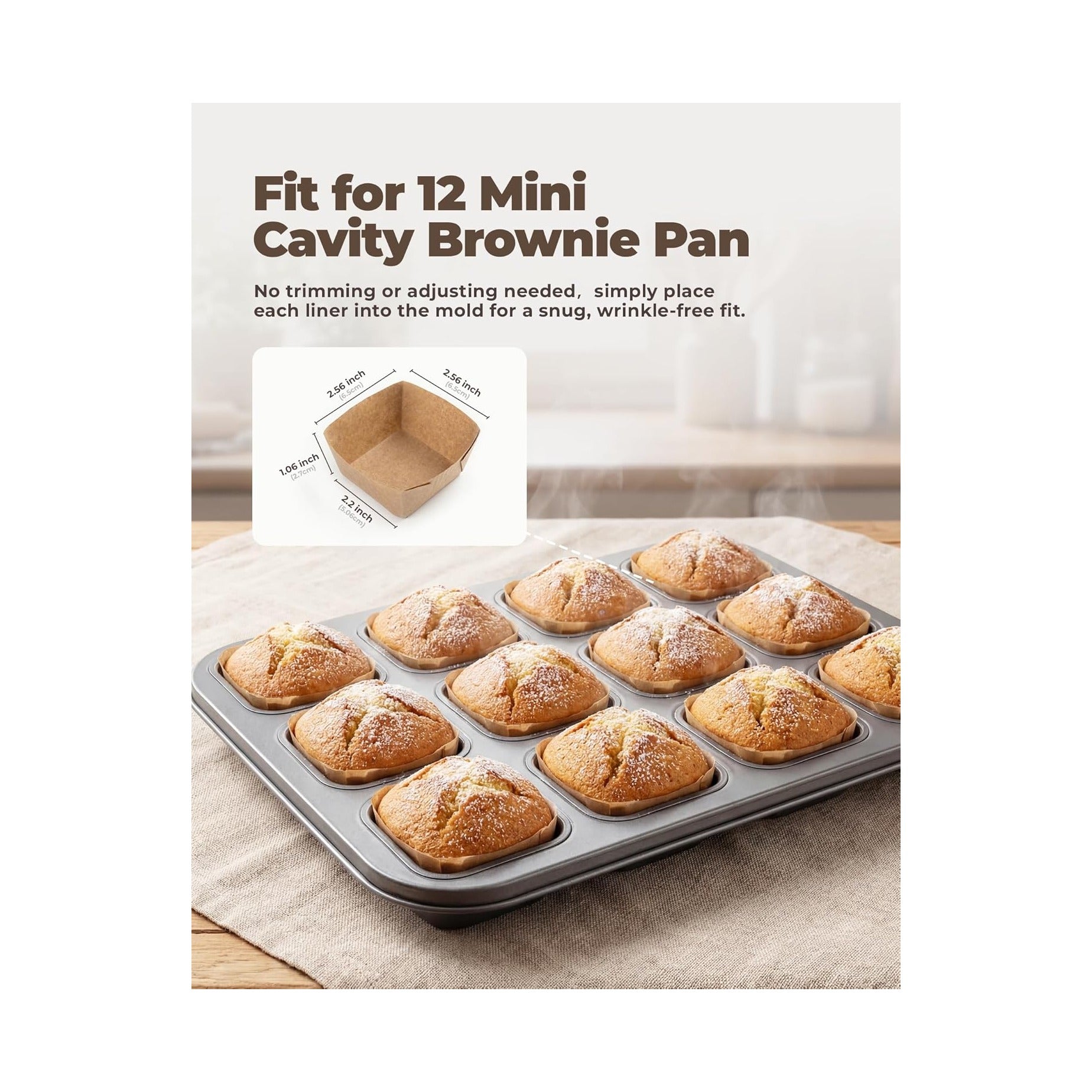 Bake Choice 100Pcs Square Mini Cupcake Liners, Fit for 12 Mini Brownie Pan, Natural Parchment Paper Baking Cups Muffin Liners, Non-Stick Wrappers for Brownies Wedding Parties