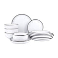 12 Pieces Ceramic Dinnerware set,Plates and Bowls Sets for 4,White Dinnerware Set for Kitchen, Modern Design Plate Sets with Black Rim, Microwave and Dishwasher Safe