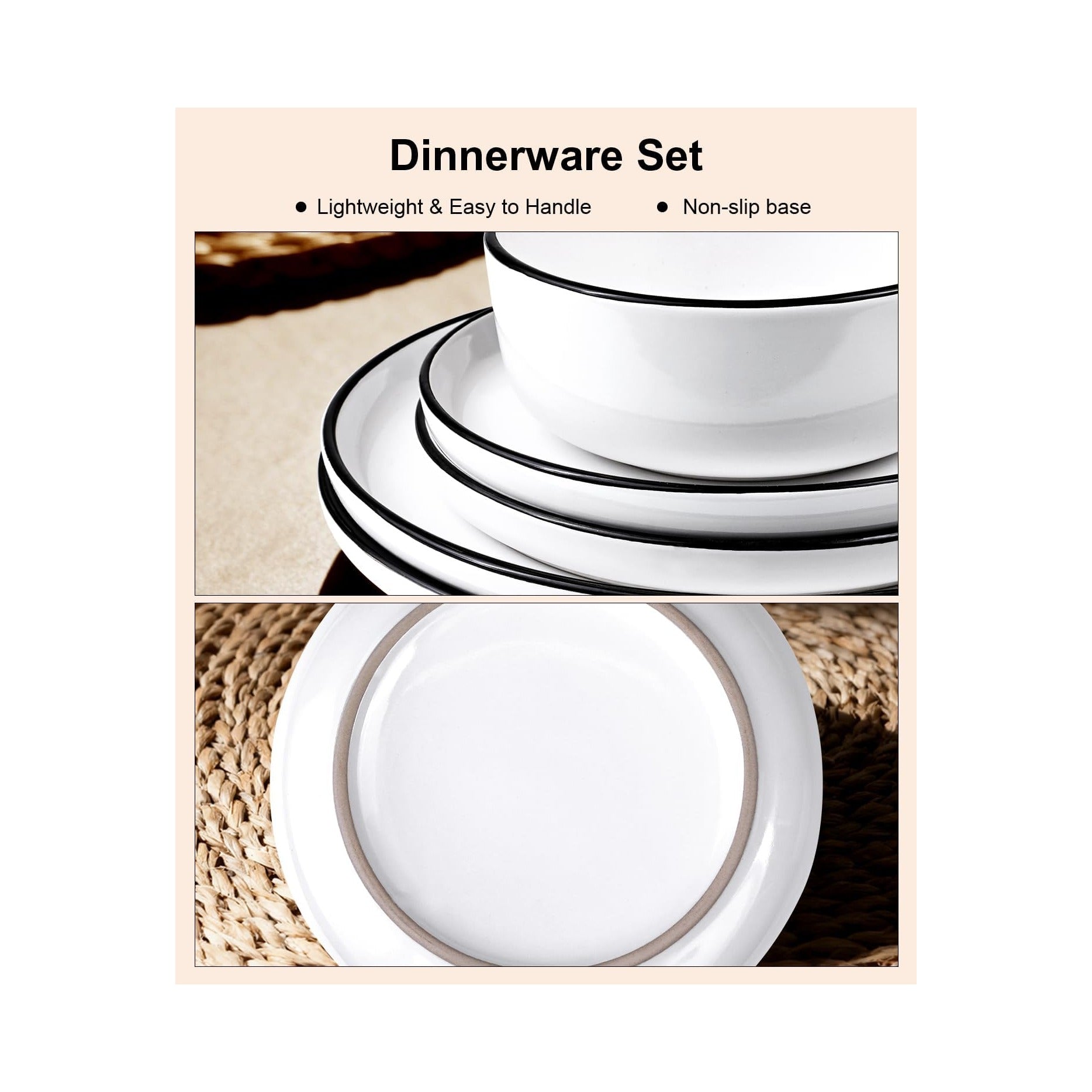 12 Pieces Ceramic Dinnerware set,Plates and Bowls Sets for 4,White Dinnerware Set for Kitchen, Modern Design Plate Sets with Black Rim, Microwave and Dishwasher Safe