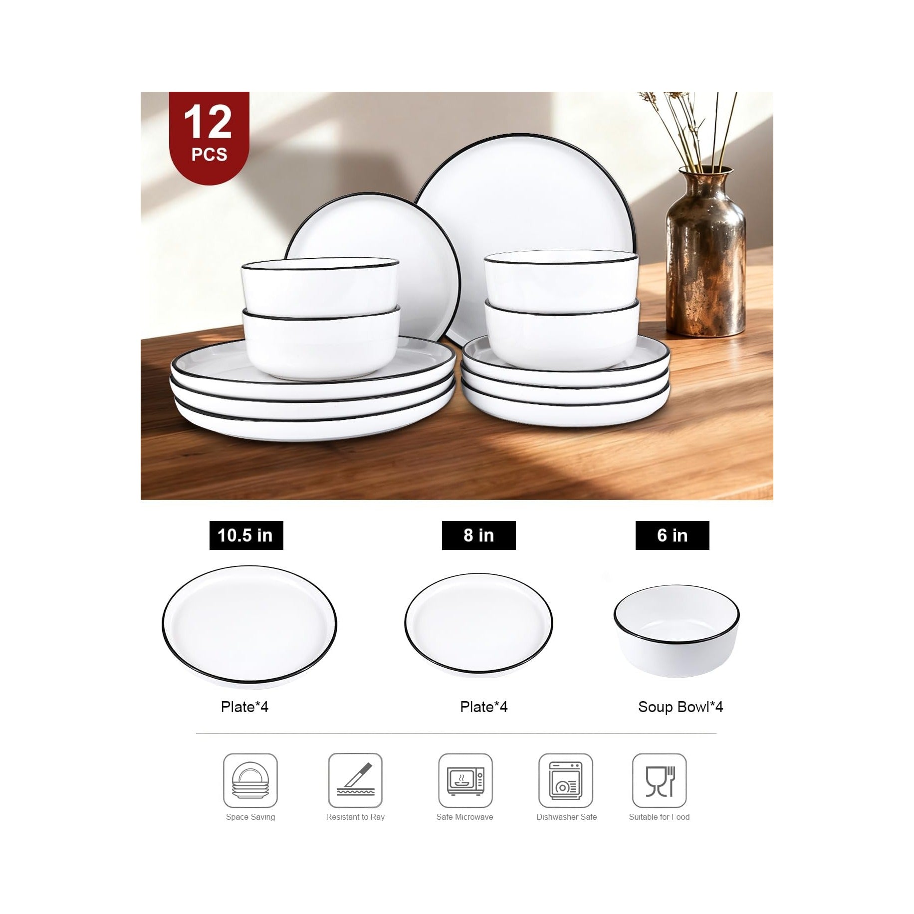 12 Pieces Ceramic Dinnerware set,Plates and Bowls Sets for 4,White Dinnerware Set for Kitchen, Modern Design Plate Sets with Black Rim, Microwave and Dishwasher Safe