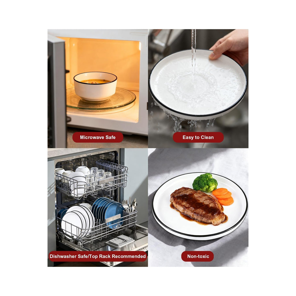 12 Pieces Ceramic Dinnerware set,Plates and Bowls Sets for 4,White Dinnerware Set for Kitchen, Modern Design Plate Sets with Black Rim, Microwave and Dishwasher Safe