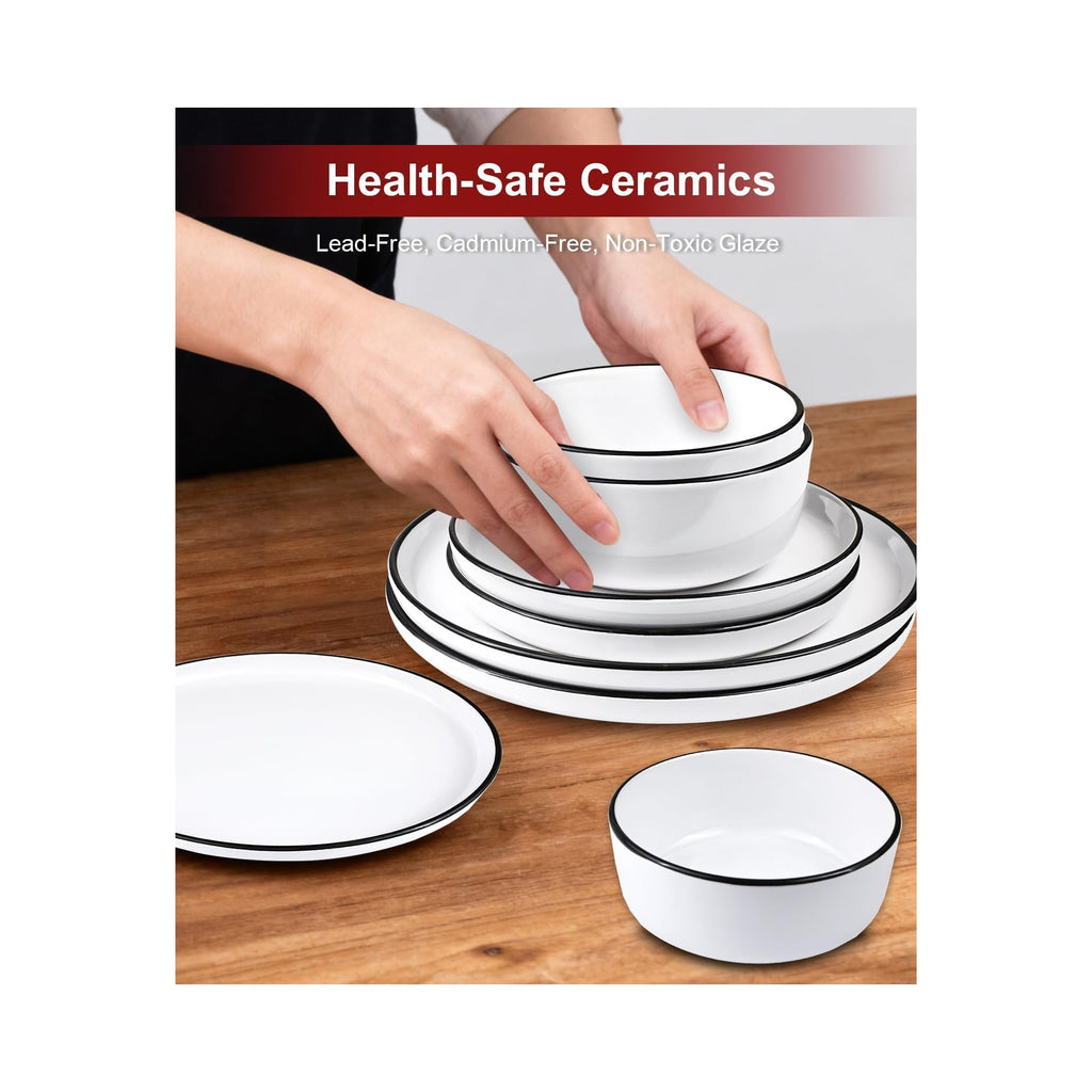 12 Pieces Ceramic Dinnerware set,Plates and Bowls Sets for 4,White Dinnerware Set for Kitchen, Modern Design Plate Sets with Black Rim, Microwave and Dishwasher Safe