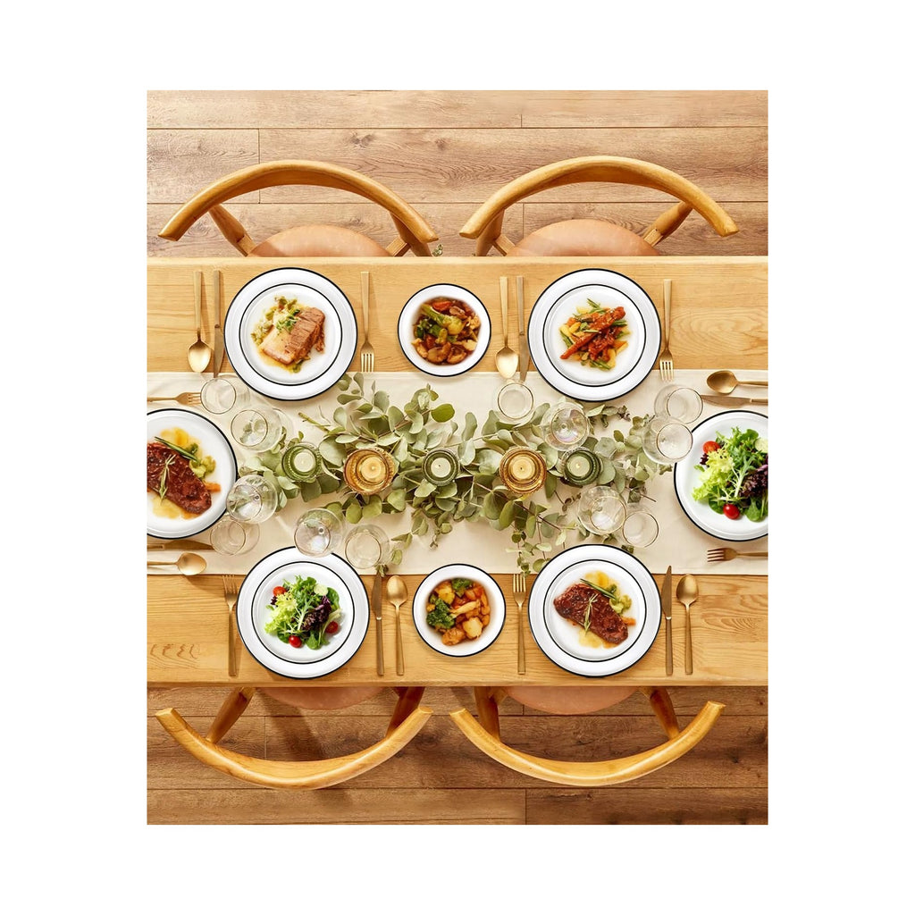 12 Pieces Ceramic Dinnerware set,Plates and Bowls Sets for 4,White Dinnerware Set for Kitchen, Modern Design Plate Sets with Black Rim, Microwave and Dishwasher Safe