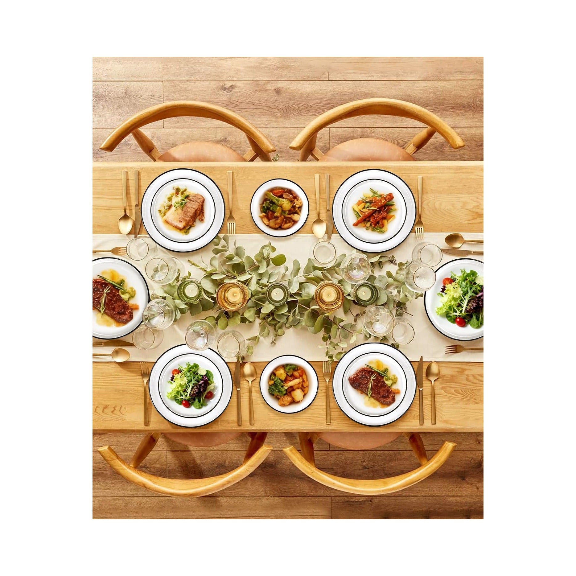 12 Pieces Ceramic Dinnerware set,Plates and Bowls Sets for 4,White Dinnerware Set for Kitchen, Modern Design Plate Sets with Black Rim, Microwave and Dishwasher Safe