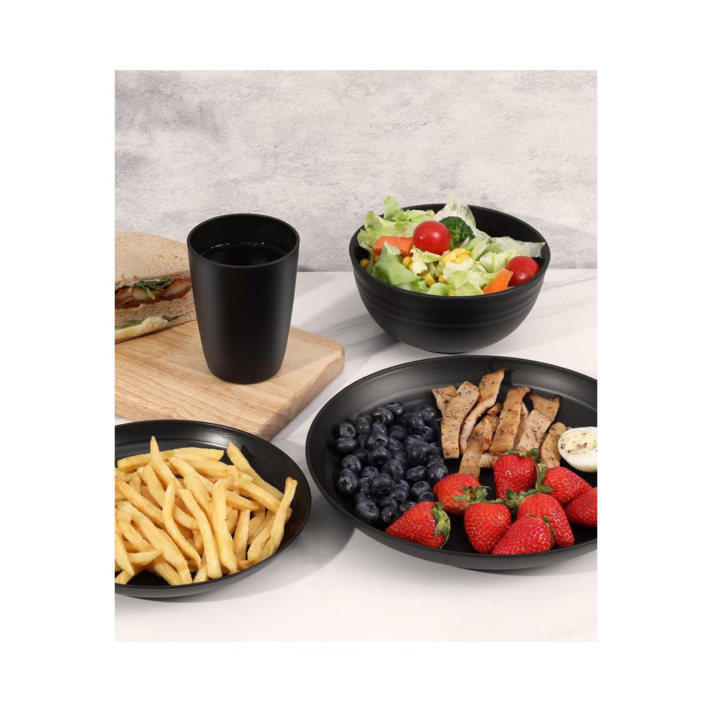 24 Piece Plates and Bowls Sets for 6, Unbreakable Dinnerware Sets, Dish Set for Camping, Dishwasher Microwave Safe, Outdoor Kitchen and Apartment Dinning RV Essentials, Black