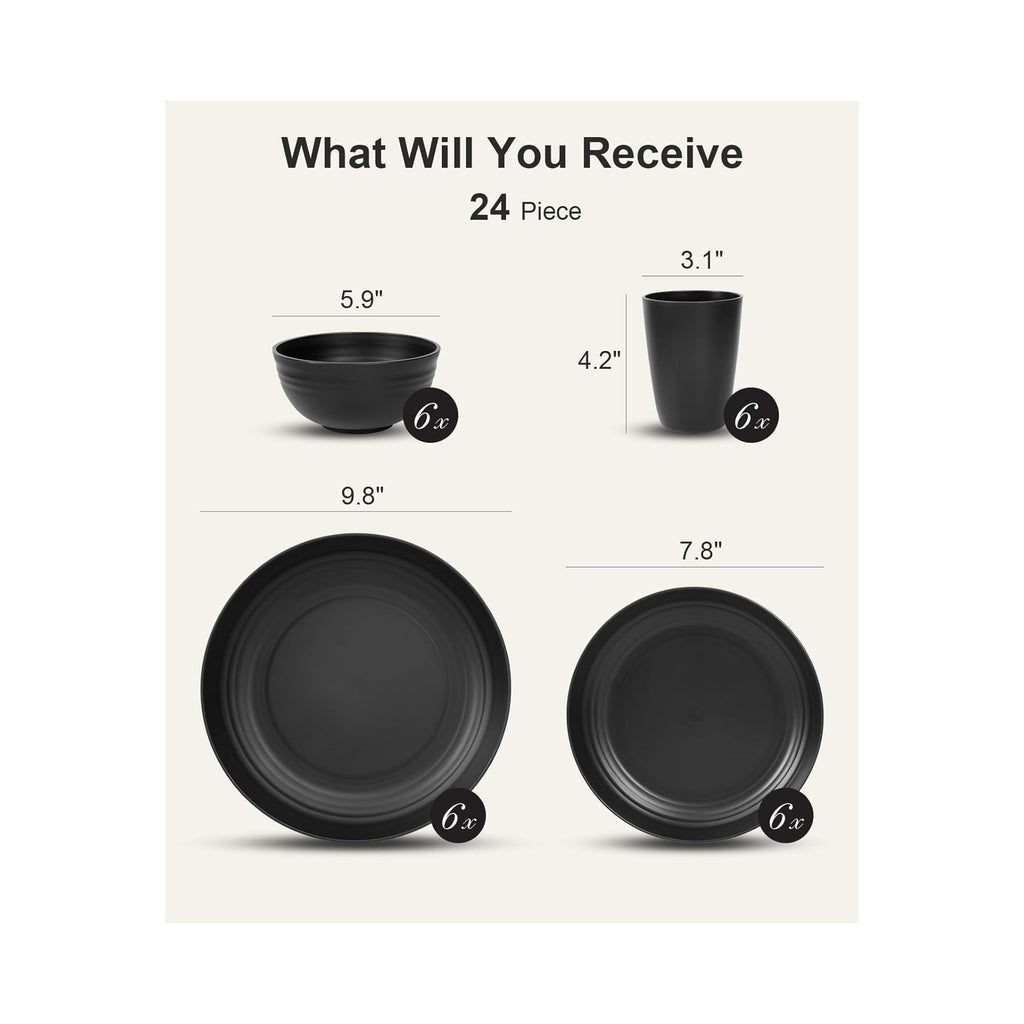 24 Piece Plates and Bowls Sets for 6, Unbreakable Dinnerware Sets, Dish Set for Camping, Dishwasher Microwave Safe, Outdoor Kitchen and Apartment Dinning RV Essentials, Black