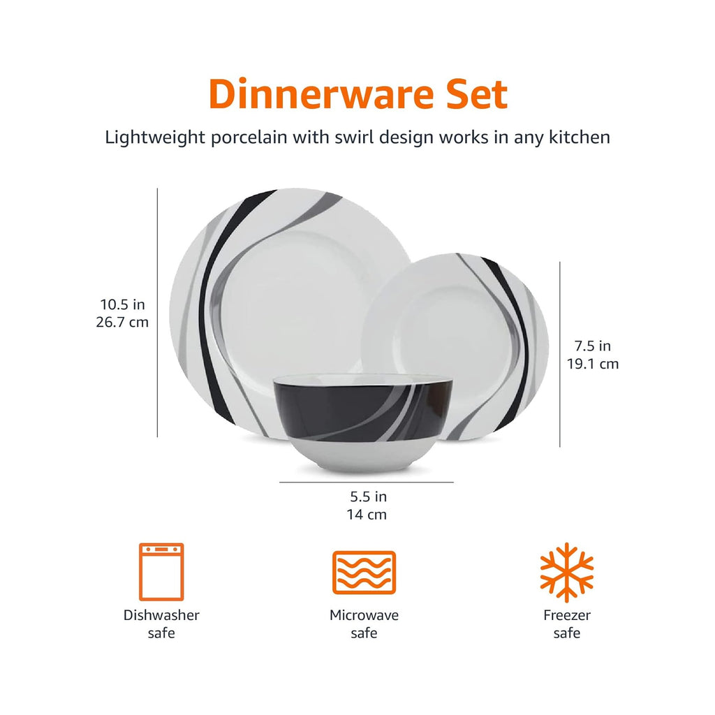 18-Piece Complete Kitchen Dinnerware Set, Microwave and Dishwasher Safe, Plates, Dishes, Bowls, Swirl, Heat Resistant, Service for 6, Everyday Use