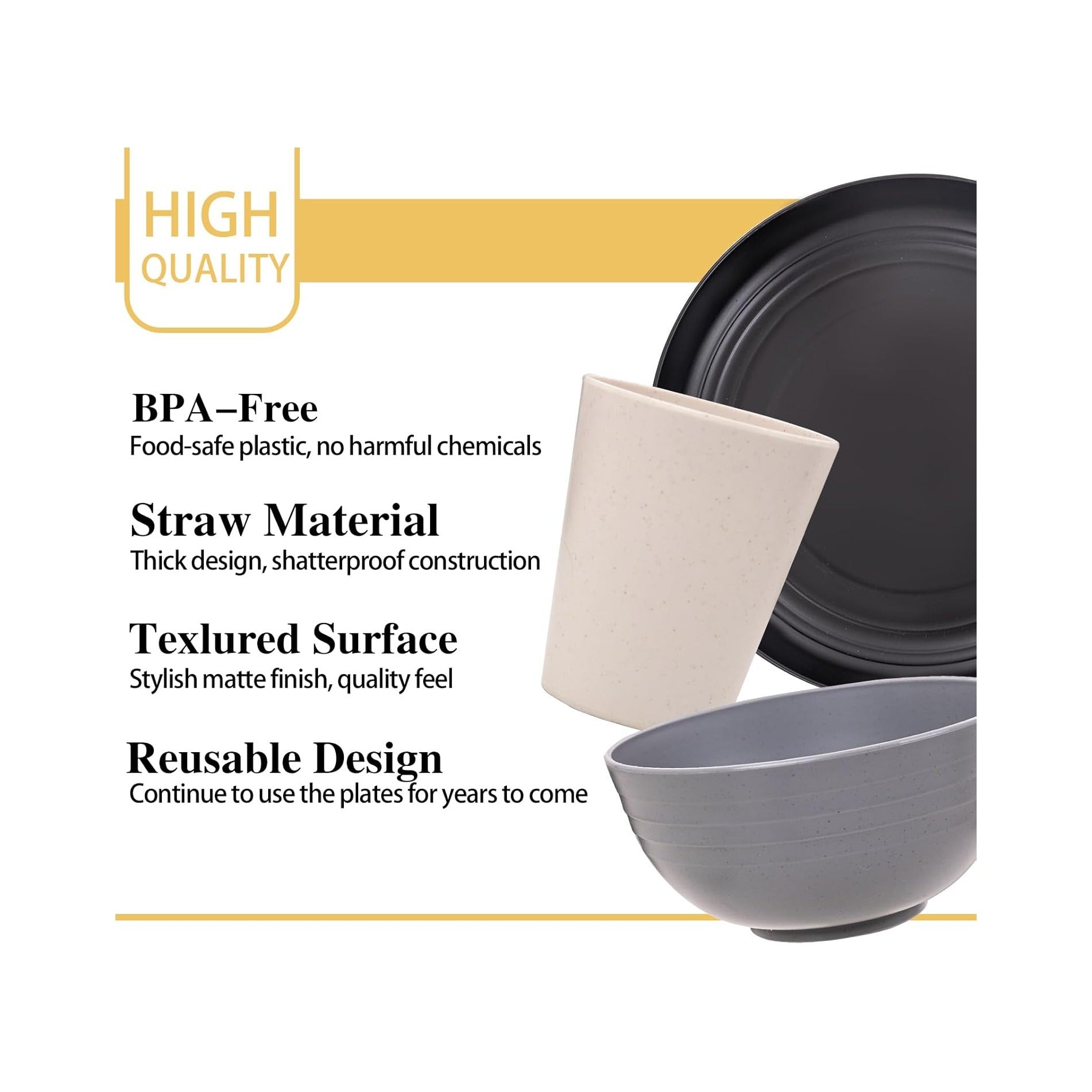 Wheat Straw Dinnerware Sets, 16PCS Plastic Dinnerware Set for 4, Wheat Straw Plates and Bowls Sets, Unbreakable Dinnerware Plastic Microwave Safe Dishes Set for Kitchen&Camping