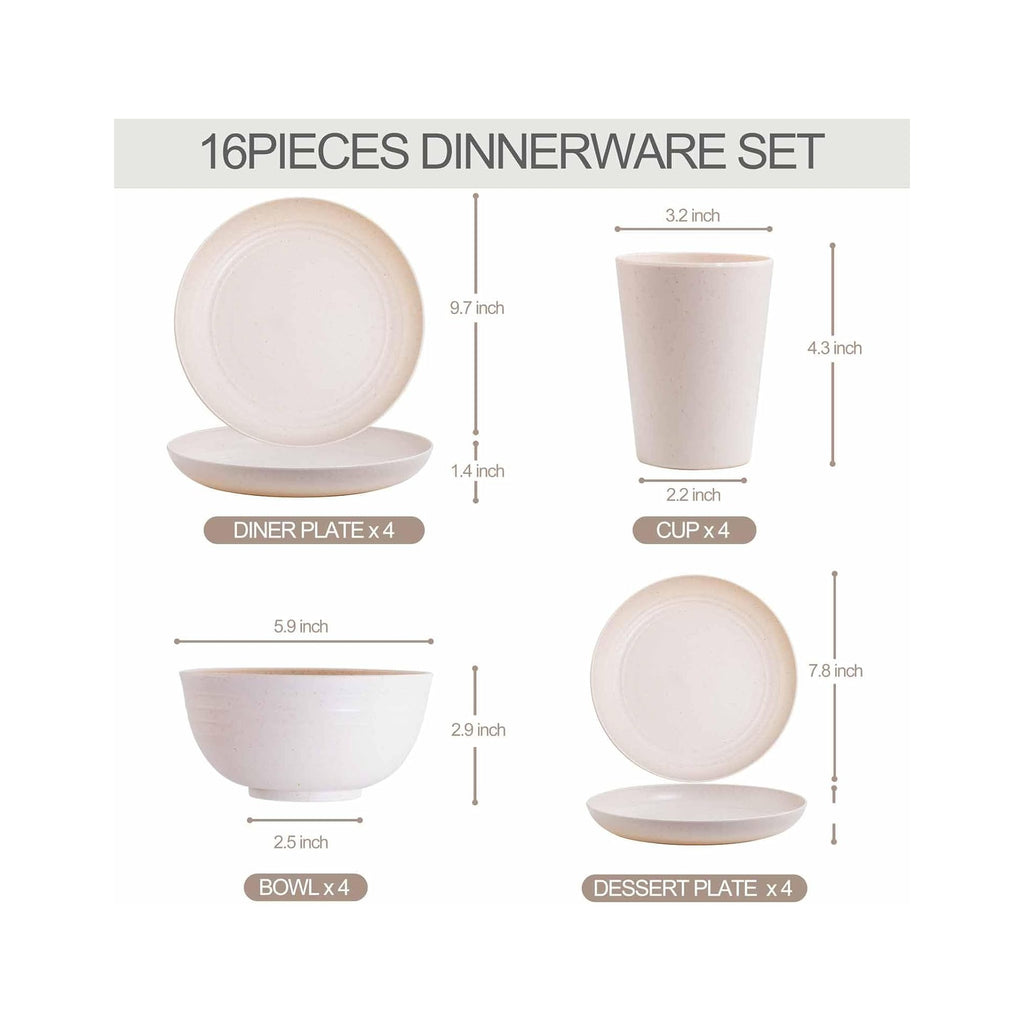 Wheat Straw Dinnerware Sets, 16PCS Plastic Dinnerware Set for 4, Wheat Straw Plates and Bowls Sets, Unbreakable Dinnerware Plastic Microwave Safe Dishes Set for Kitchen&Camping