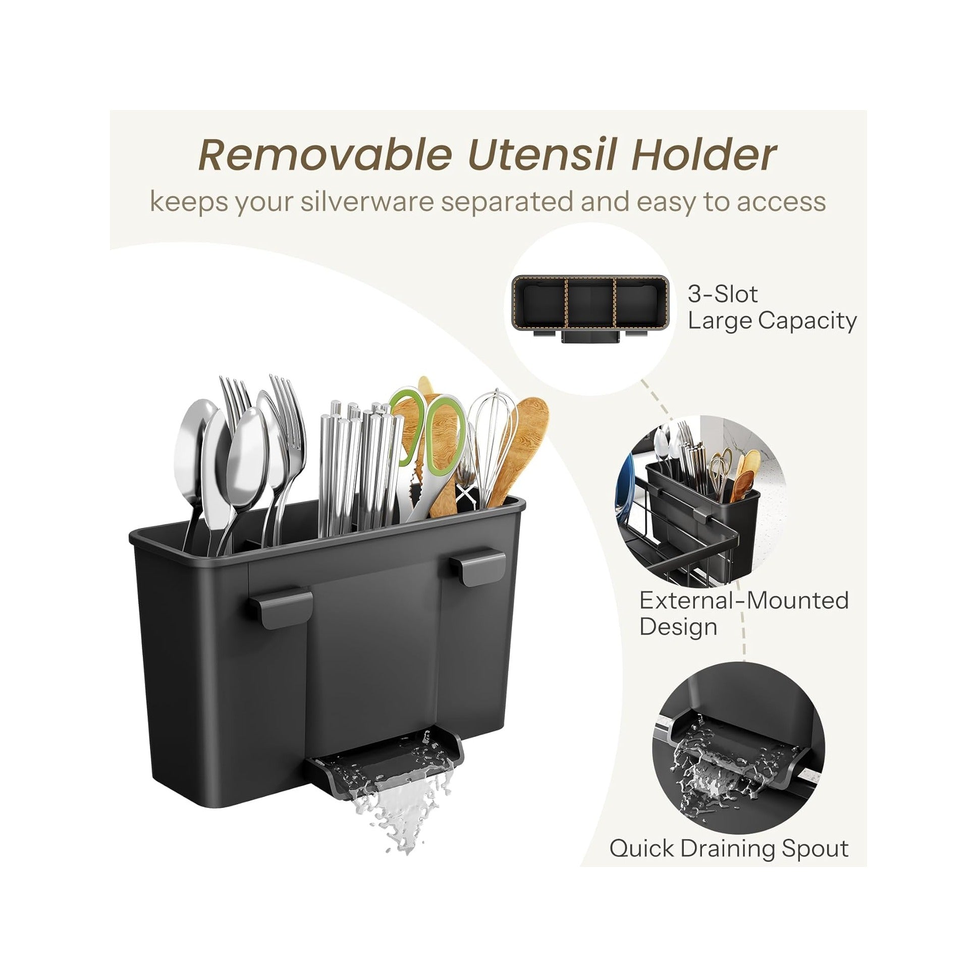 Dish Drying Rack - Space-Saving Dish Rack for Kitchen Counter, Stainless Steel Dish Drainer with Utensil Holder and Drainboard, 11" W x 15" L