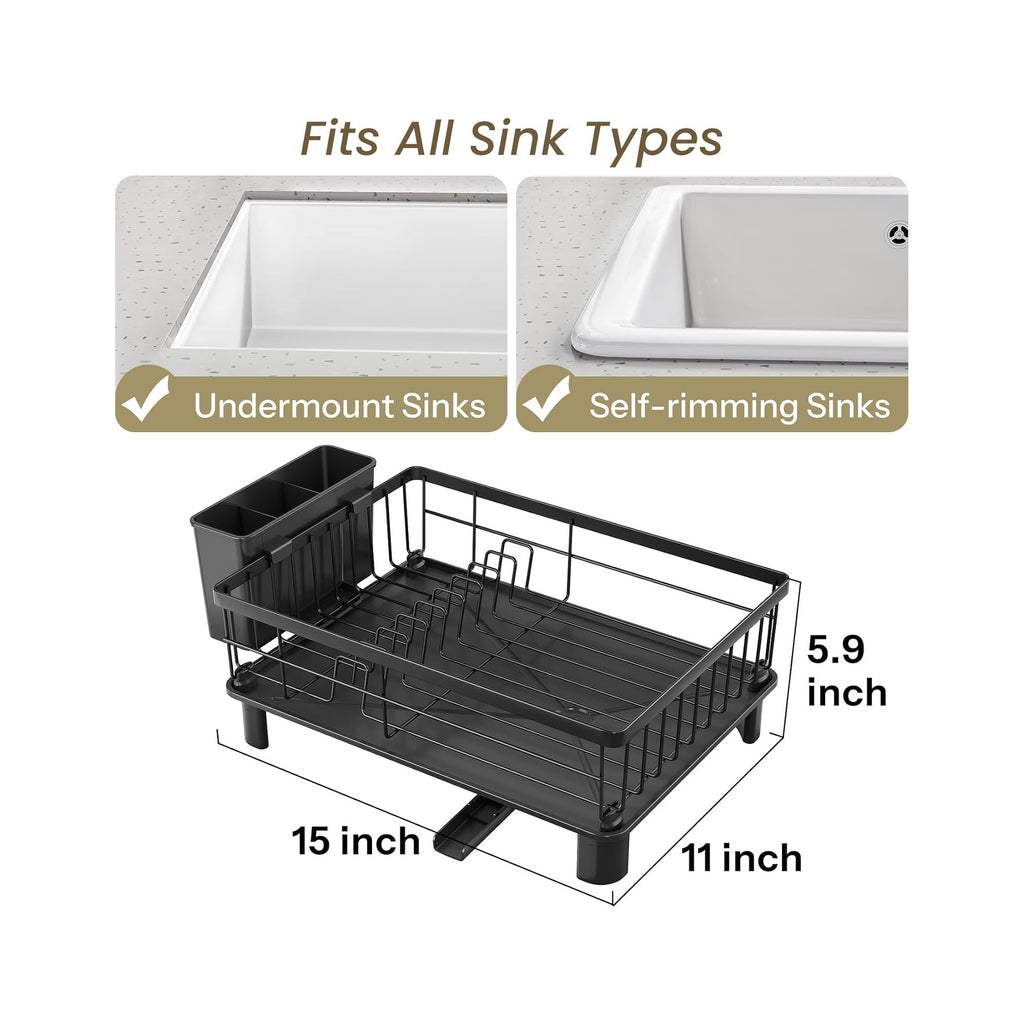 Dish Drying Rack - Space-Saving Dish Rack for Kitchen Counter, Stainless Steel Dish Drainer with Utensil Holder and Drainboard, 11" W x 15" L
