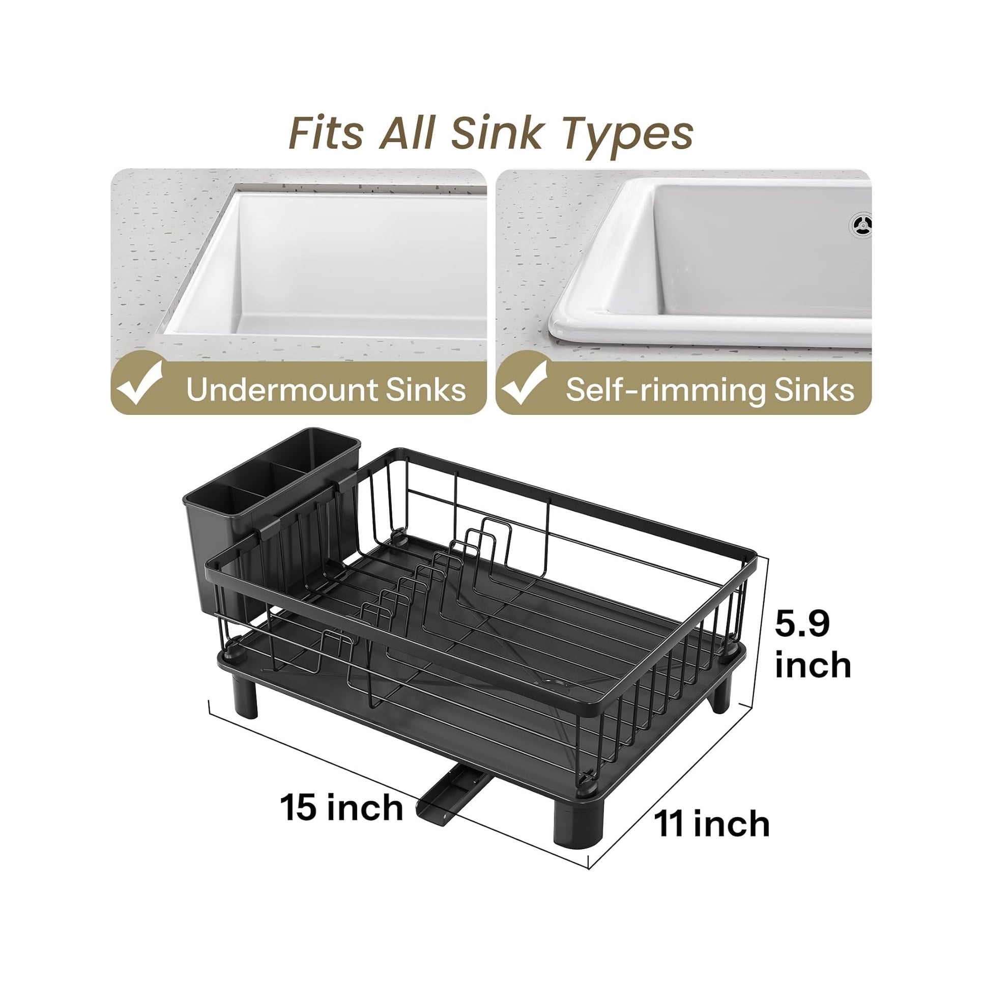 Dish Drying Rack - Space-Saving Dish Rack for Kitchen Counter, Stainless Steel Dish Drainer with Utensil Holder and Drainboard, 11" W x 15" L