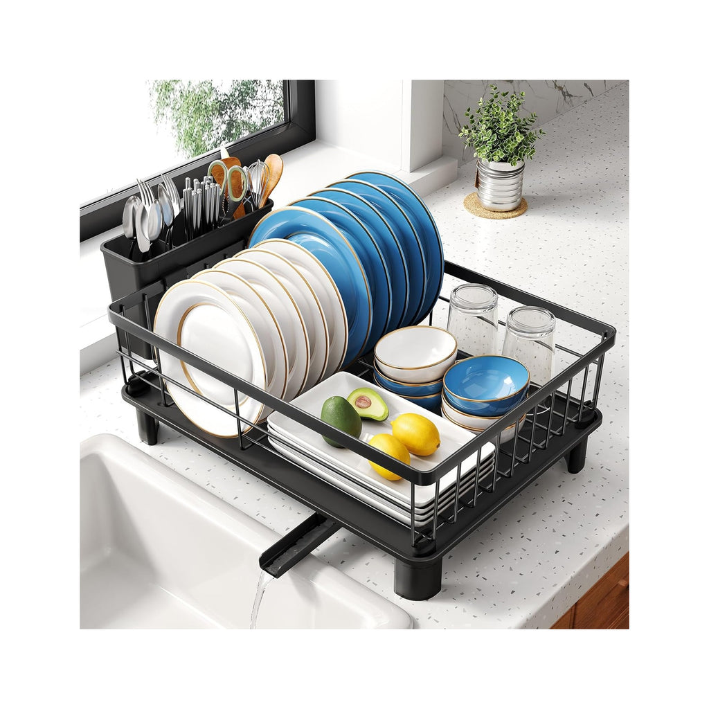 Dish Drying Rack - Space-Saving Dish Rack for Kitchen Counter, Stainless Steel Dish Drainer with Utensil Holder and Drainboard, 11" W x 15" L