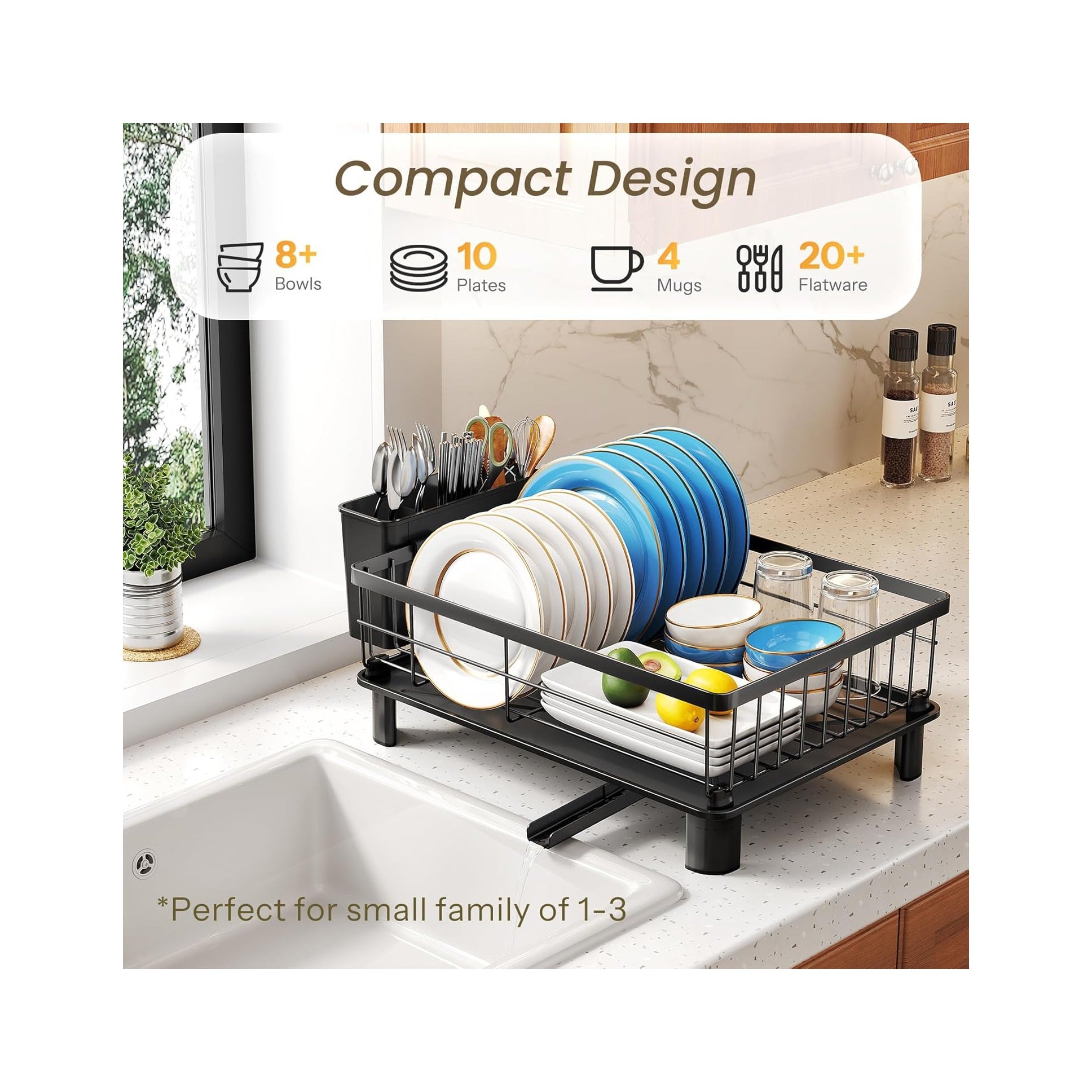 Dish Drying Rack - Space-Saving Dish Rack for Kitchen Counter, Stainless Steel Dish Drainer with Utensil Holder and Drainboard, 11" W x 15" L