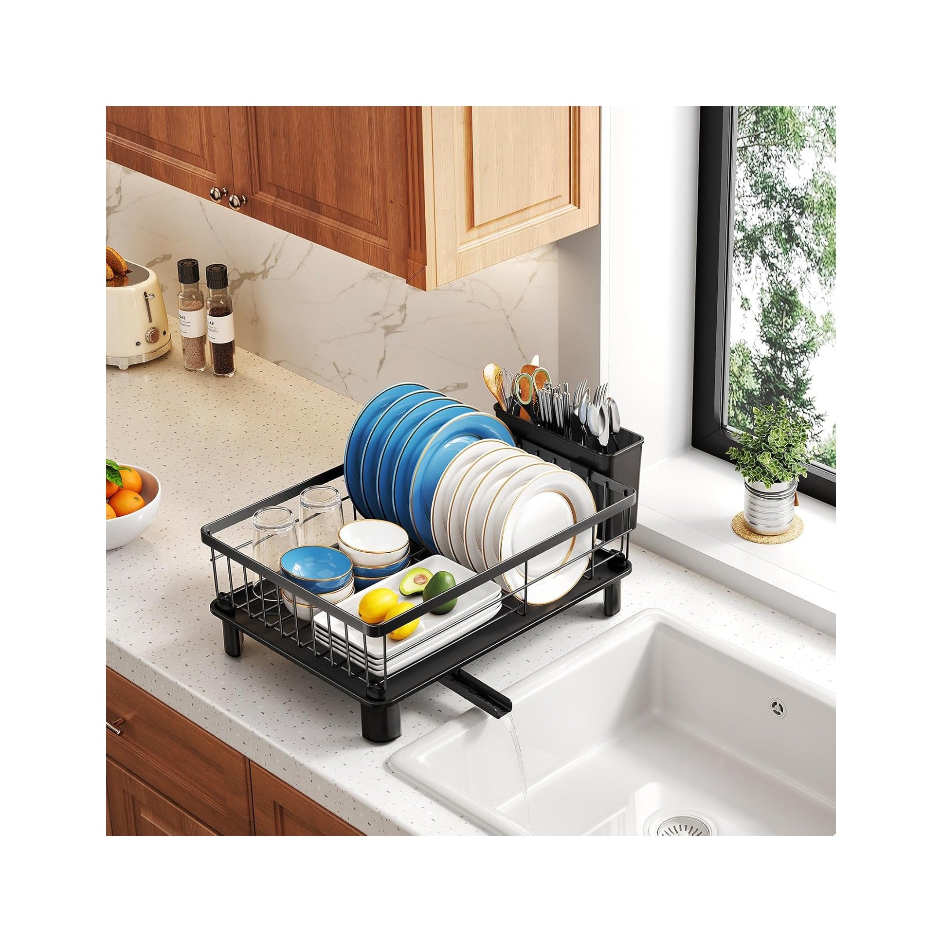 Dish Drying Rack - Space-Saving Dish Rack for Kitchen Counter, Stainless Steel Dish Drainer with Utensil Holder and Drainboard, 11" W x 15" L