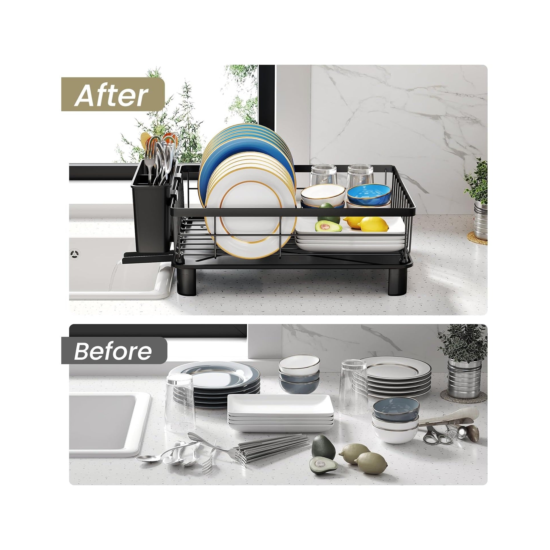 Dish Drying Rack - Space-Saving Dish Rack for Kitchen Counter, Stainless Steel Dish Drainer with Utensil Holder and Drainboard, 11" W x 15" L